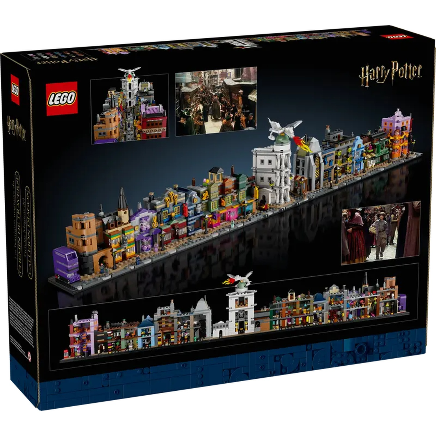 The box shows a Lego set of Diagon Alley from Harry Potter. It features colorful buildings, miniature figures, and the Lego and Harry Potter logos.
