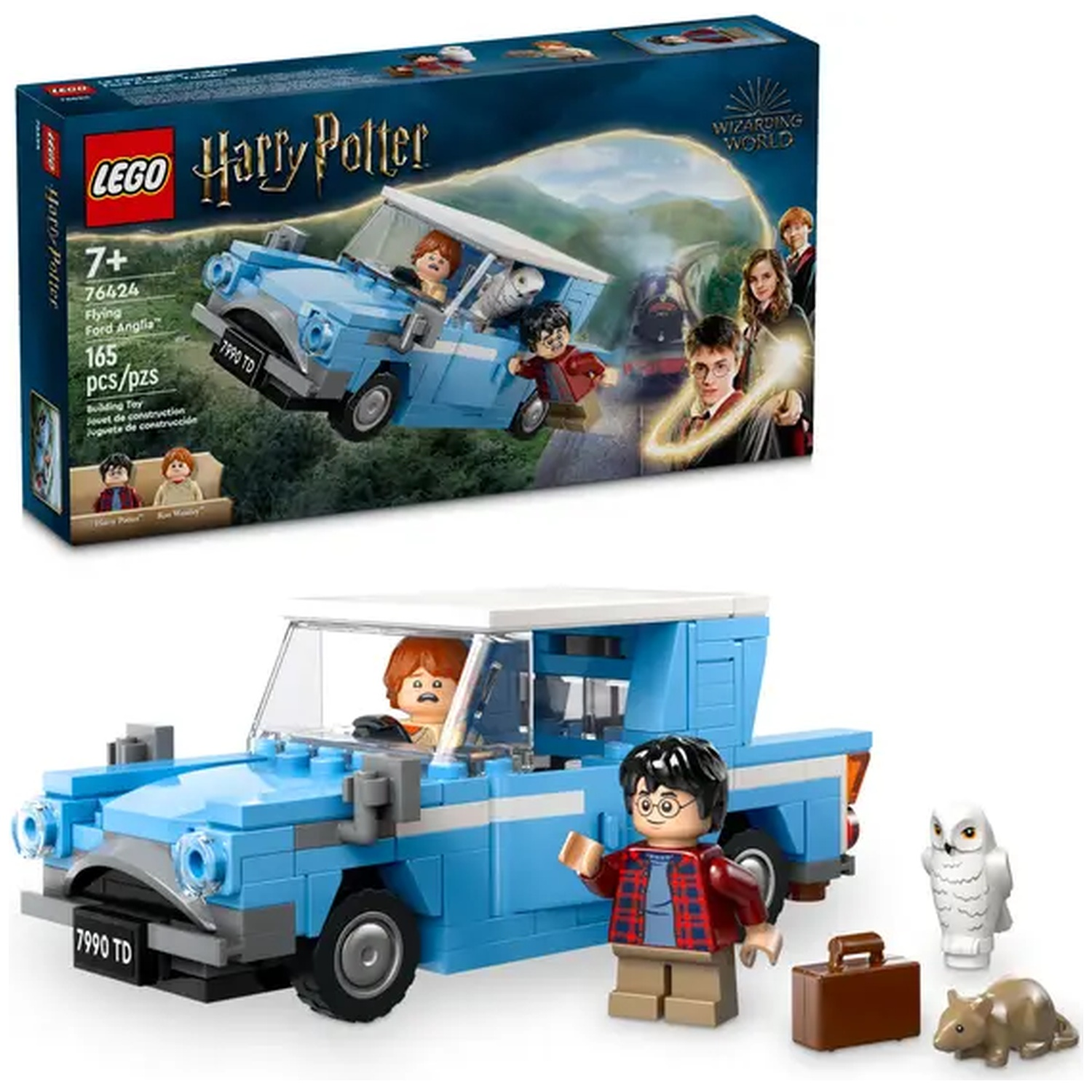 Un ensemble Lego de la Ford Anglia volante, des personnages de Harry Potter et un hibou. La boîte montre la voiture en vol et d'autres personnages.