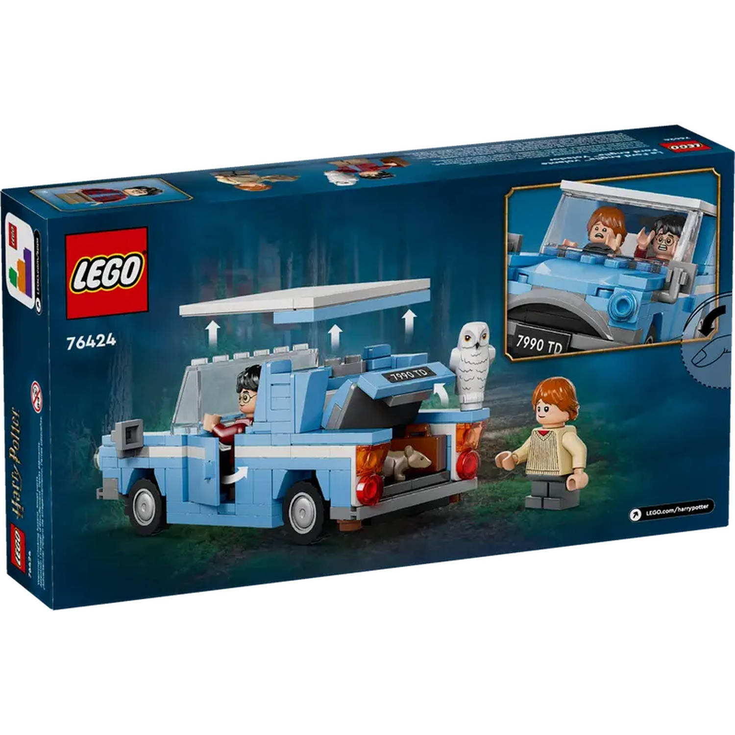 Ensemble Lego Harry Potter. Une voiture bleue avec deux personnages à l'intérieur. La figurine de Ron Weasley est près de la voiture. Hedwige.