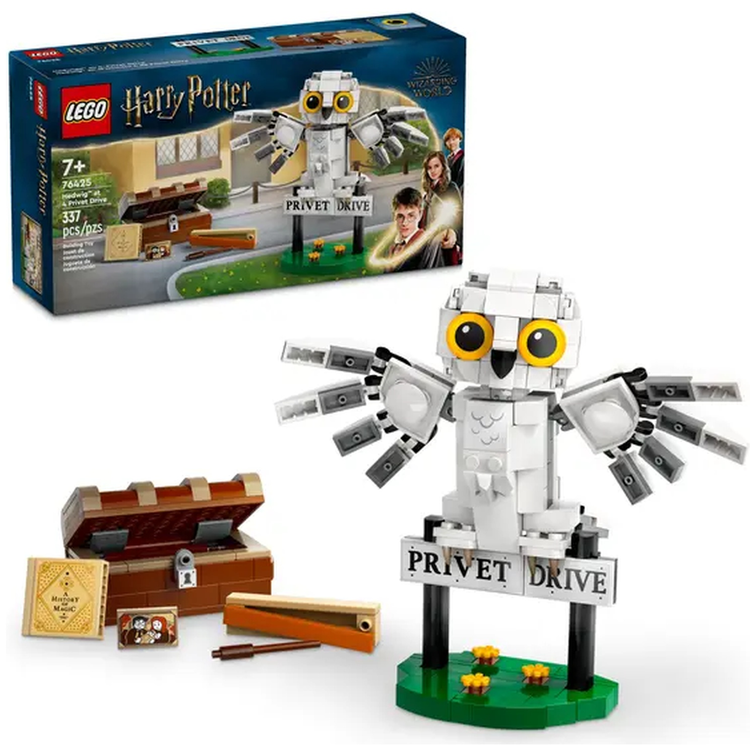 A Lego Harry Potter set. It features a white owl, a Privet Drive sign, a chest, books, and the set's box.