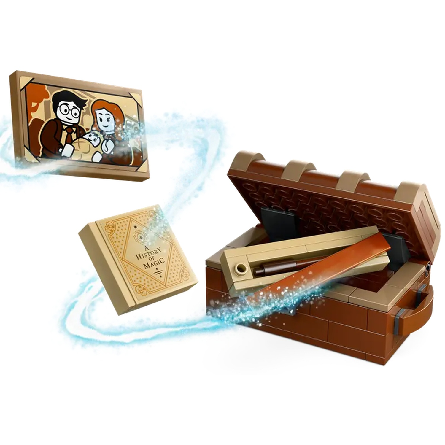 A brown treasure chest with an open lid, a picture, and a book floating with magic effects. The picture shows a family.
