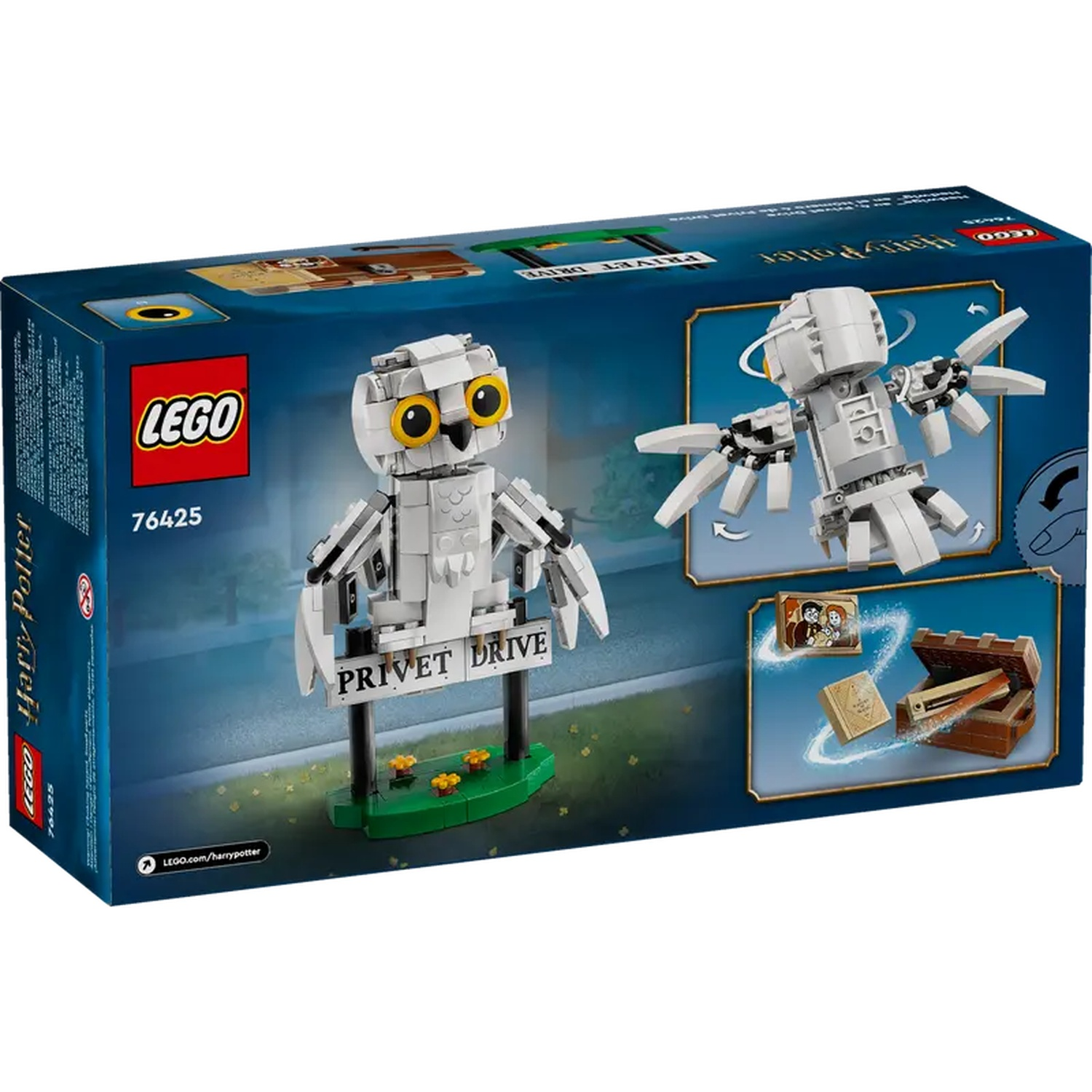 LEGO Harry Potter box with owl and Privet Drive sign. Shows Lego figures and accessories.