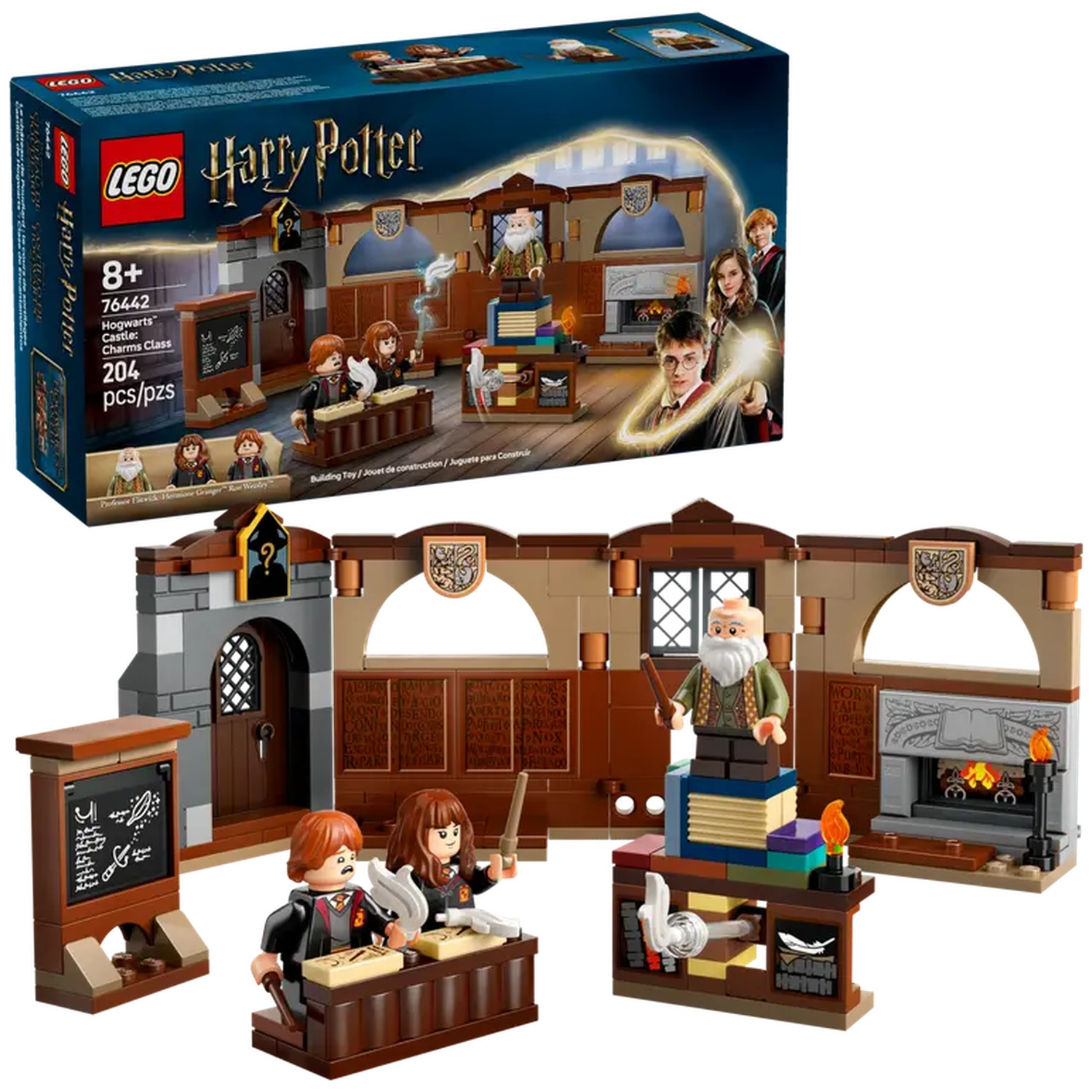 LEGO Harry Potter set. Features a classroom with desks, a blackboard, and figures of Harry, Hermione, and a teacher.
