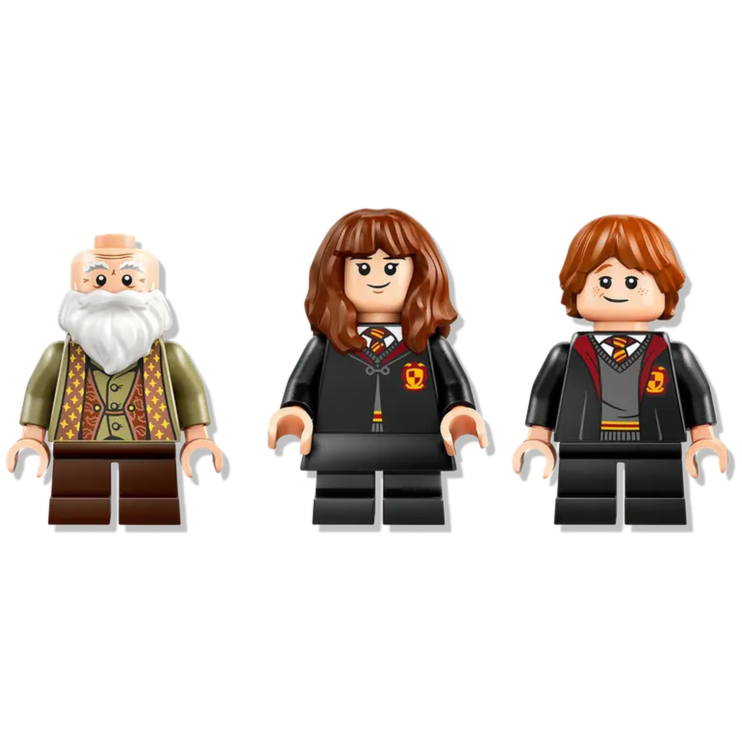 Three Lego figures: an old man with a beard, Hermione, and Ron, all in Hogwarts attire, standing against a white background.