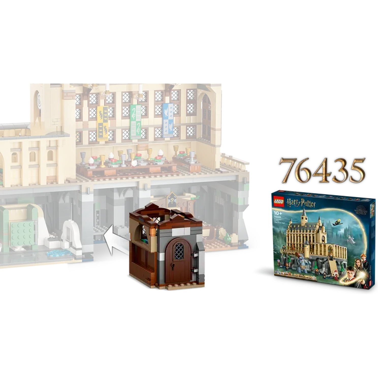 A Lego Harry Potter set with a building model, the Hogwarts Great Hall, and the set's packaging with characters.