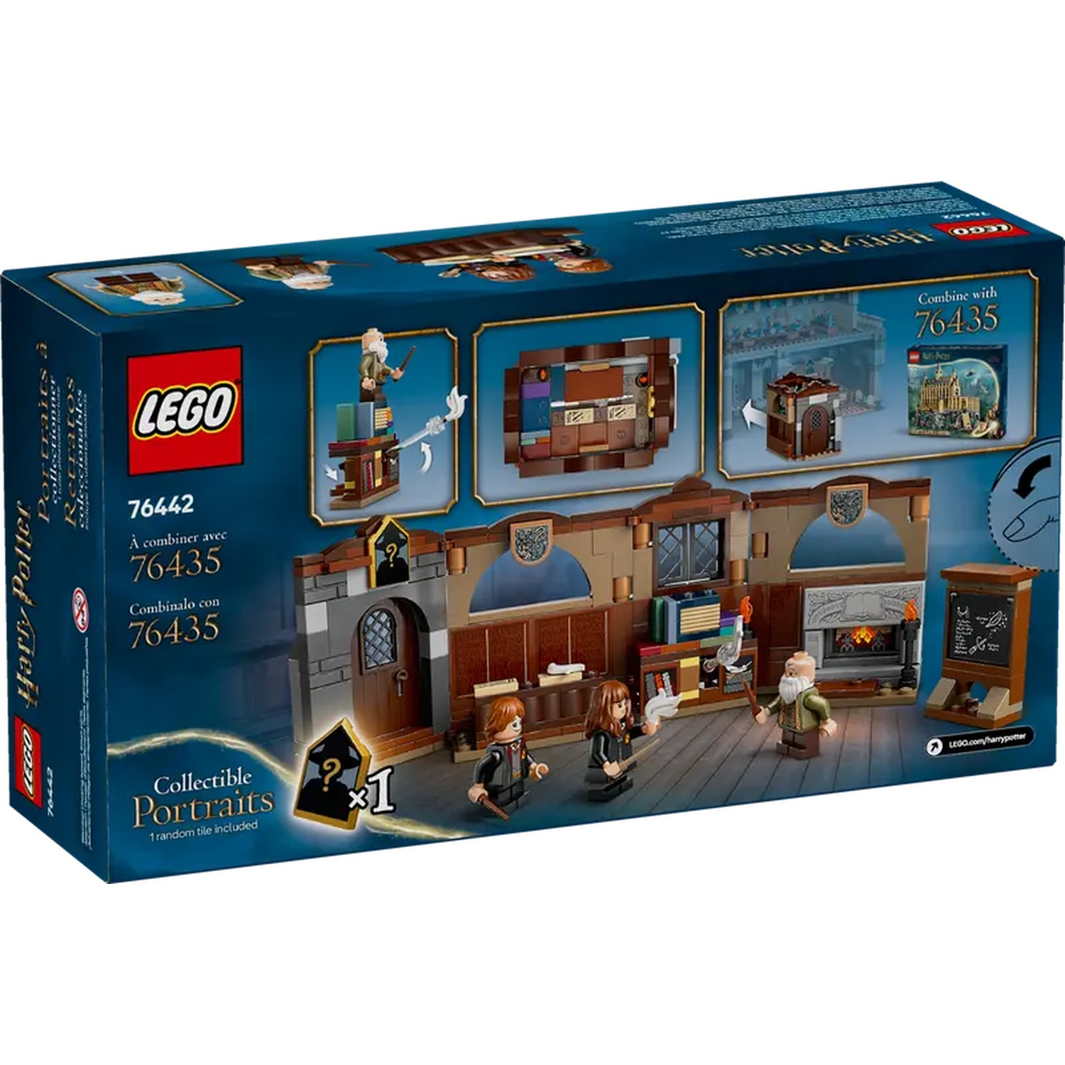 Lego Harry Potter set box. It shows the set with figurines, a fireplace, and a blackboard. The background is a blue sky.