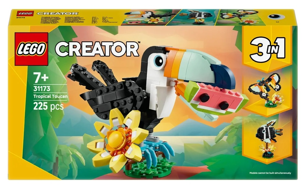 Pudełko Lego z tukanem trzymającym arbuza. Zawiera inne modele motyla i ryby. Motyw tropikalny.
