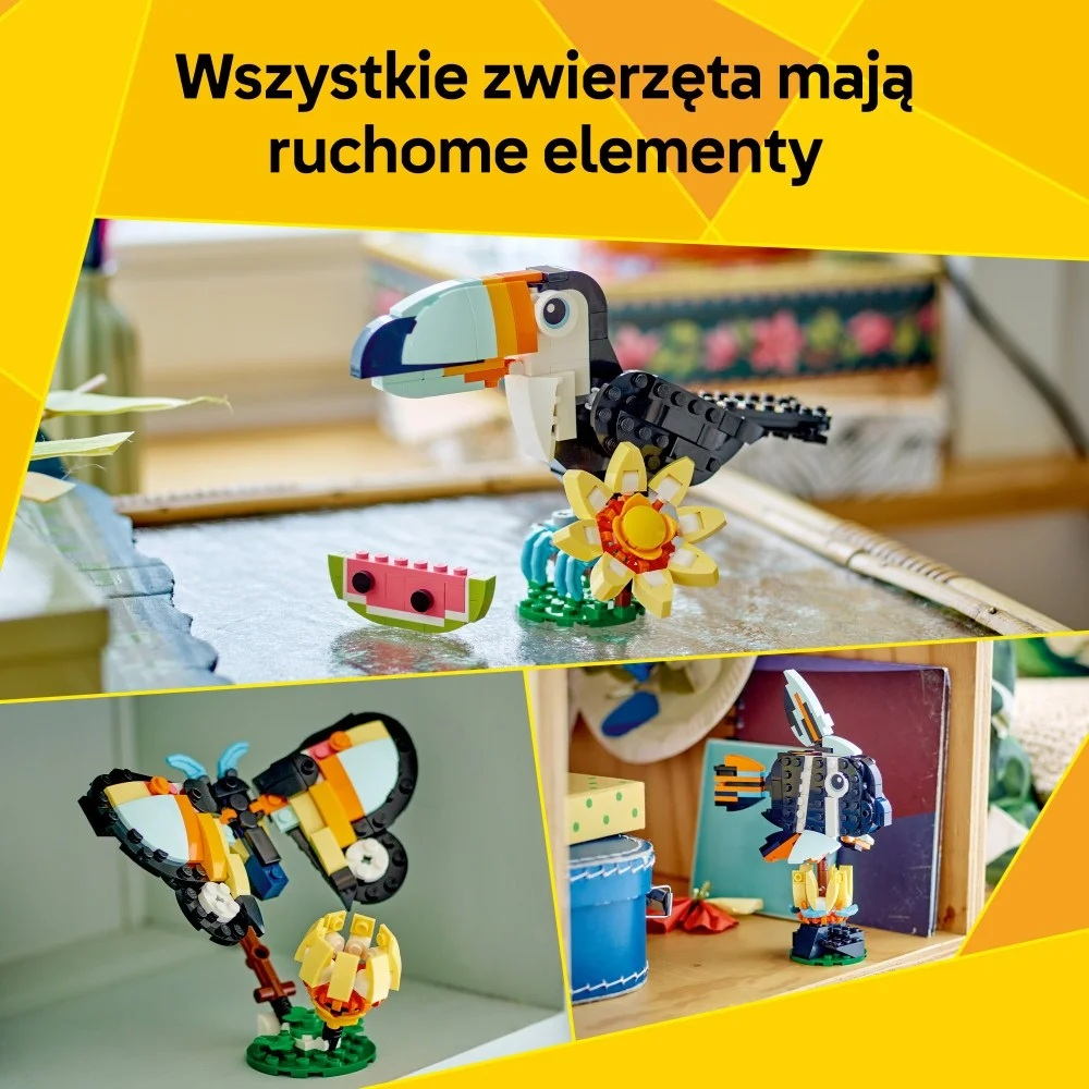 Obraz przedstawia zwierzęta Lego: tukana, motyla i rybę. Tukan jest obok kwiatu i kawałka arbuza.