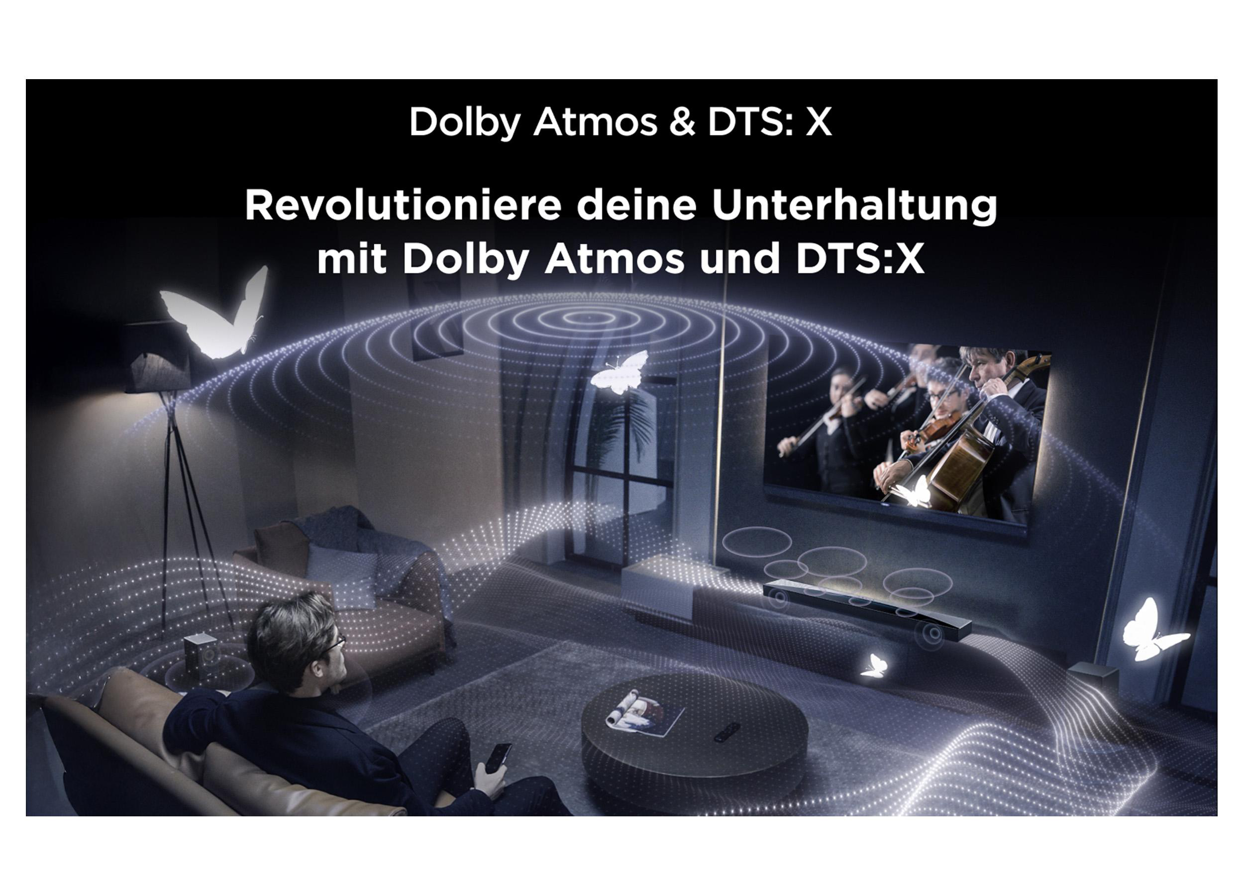 Wohnzimmer mit Mann, TV, Soundsystem und Schmetterlingen. Text: Dolby Atmos & DTS:X.