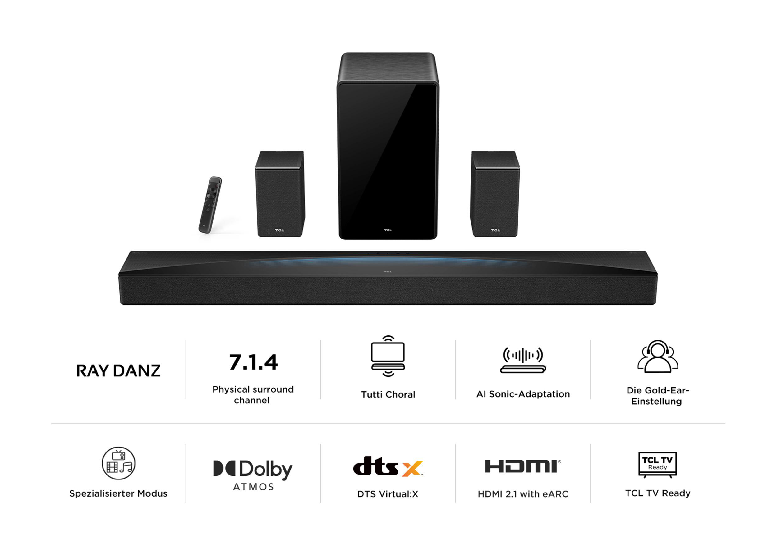 Schwarzes Soundbar-System mit Subwoofer, zwei Lautsprechern und Fernbedienung. Mit Dolby Atmos und DTS Virtual:X.