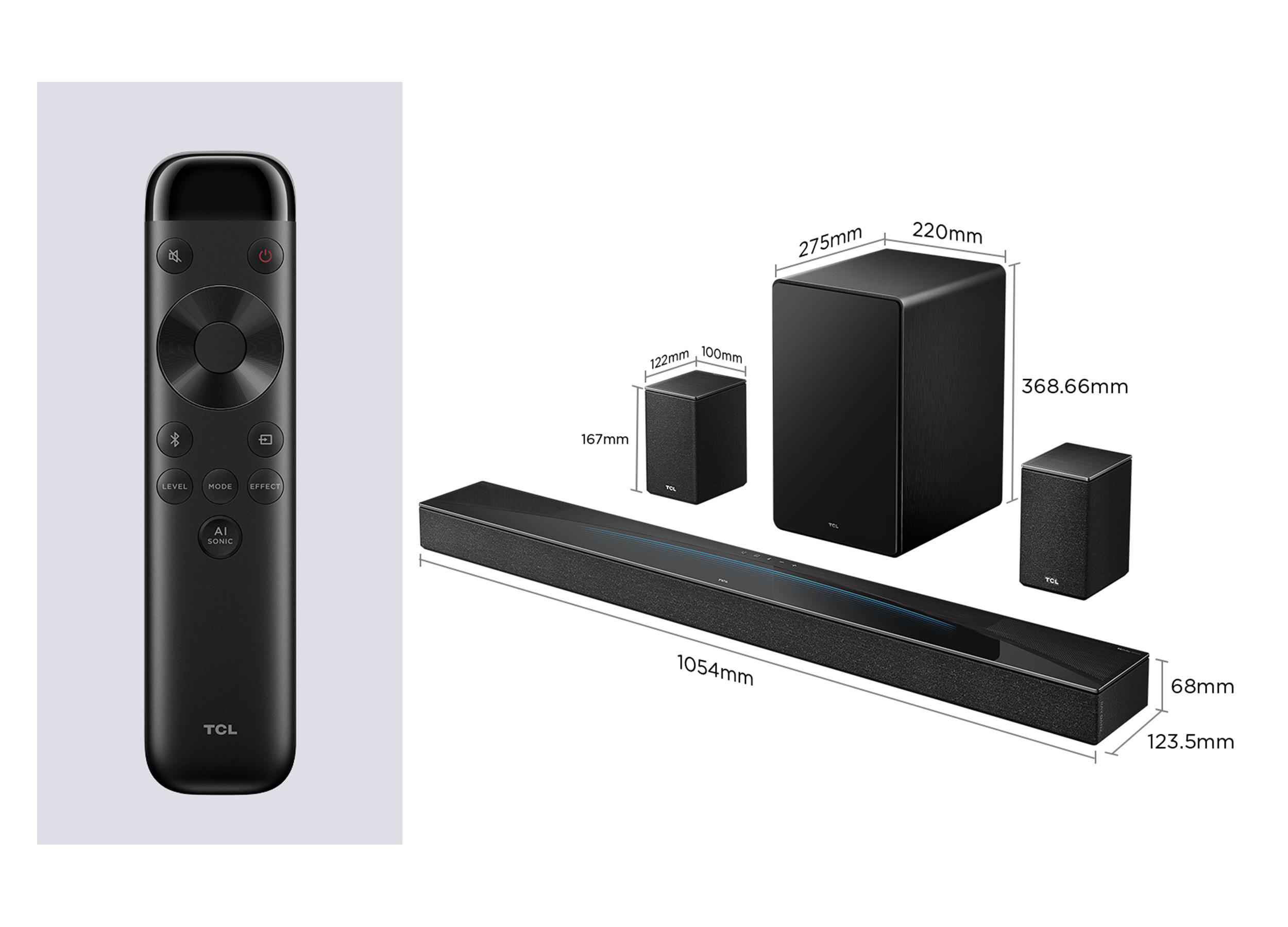 Ein TCL-Soundbar-System mit Fernbedienung, Subwoofer und zwei Satellitenlautsprechern. Maße sind angegeben.