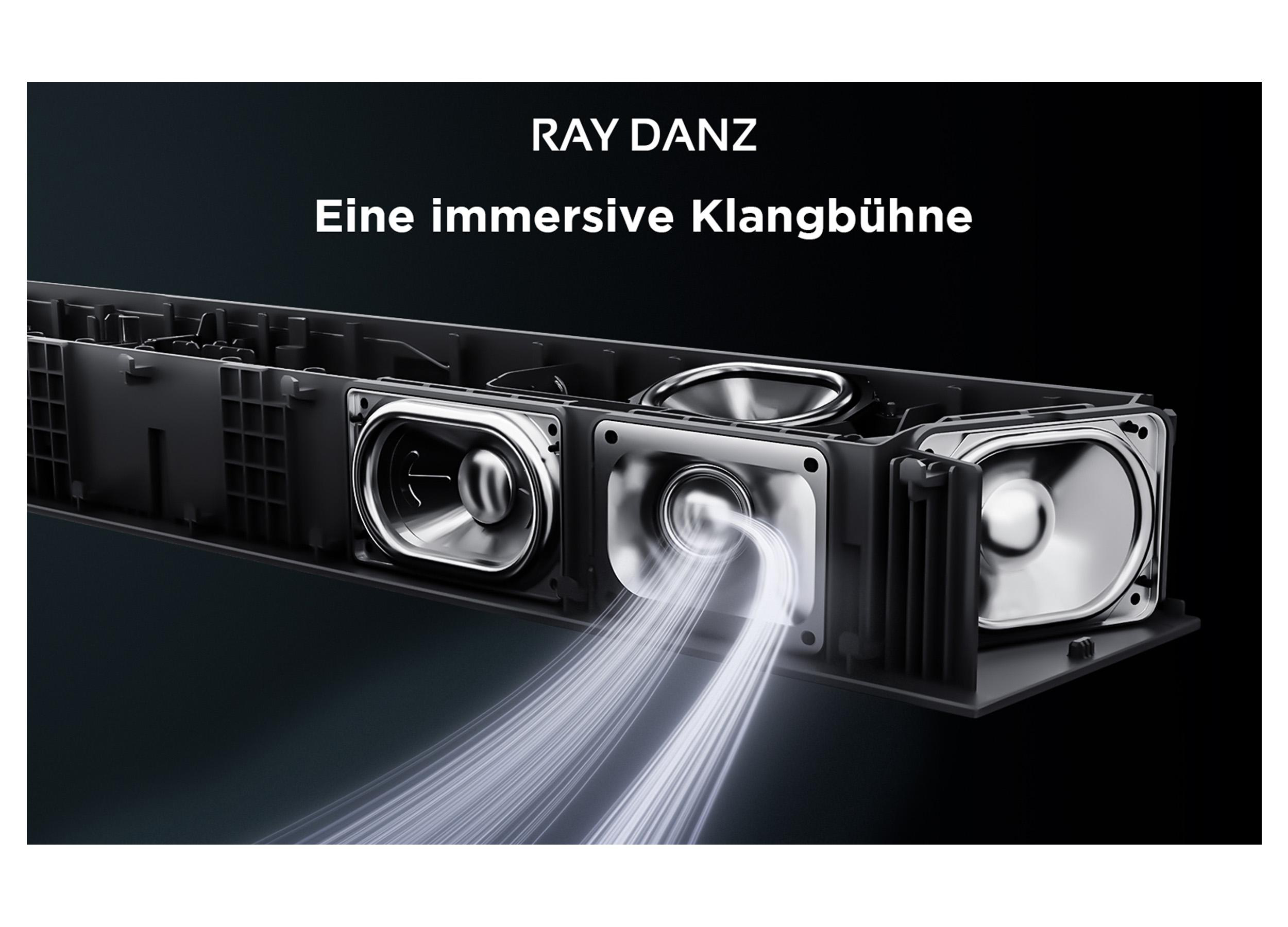 Eine schwarze Soundbar mit silbernen Lautsprechern. Weiße Schallwellen gehen von den Lautsprechern aus.