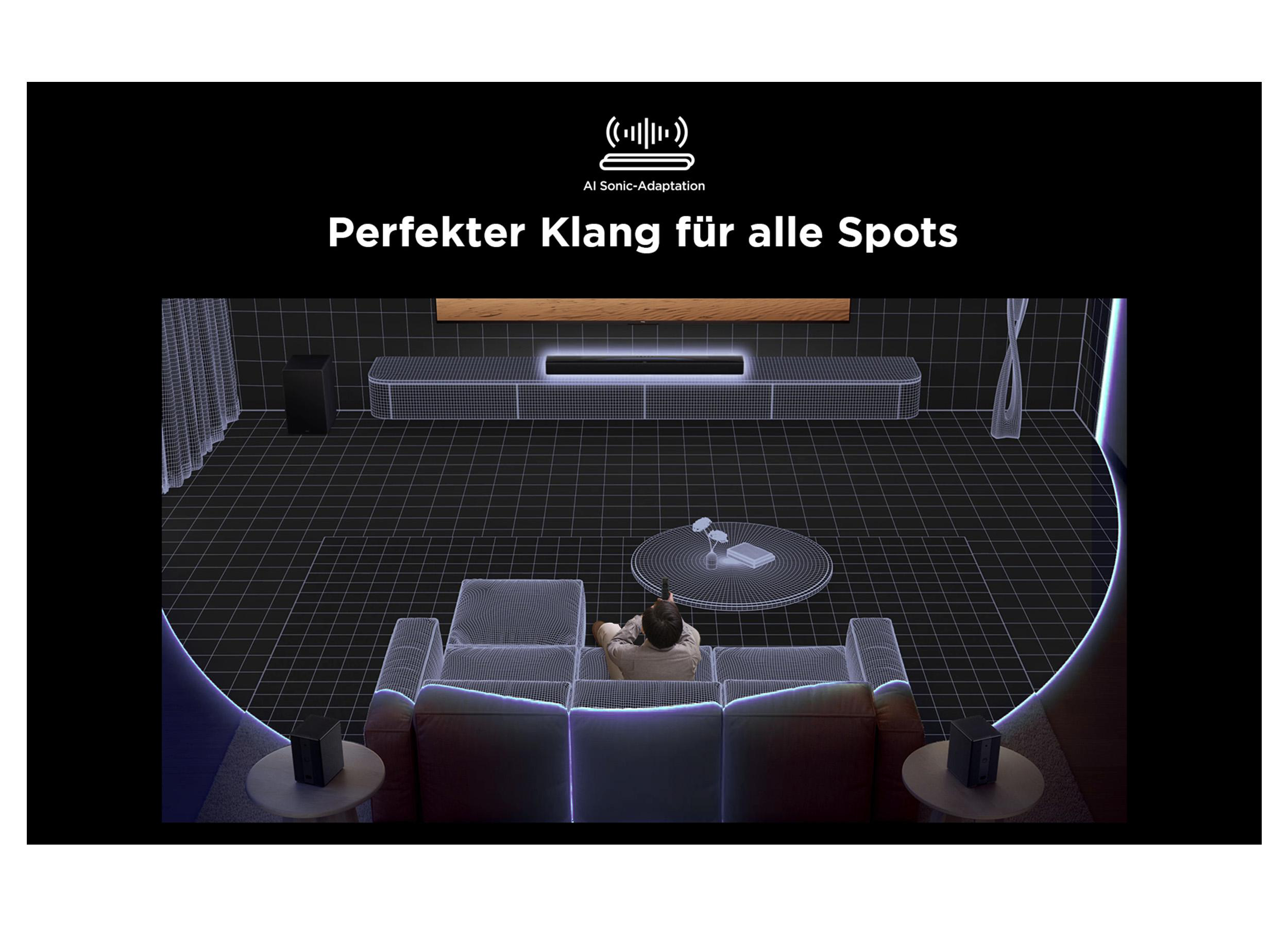Wohnzimmer mit Person auf der Couch. Soundbar, Tisch und Lautsprecher sind vorhanden.