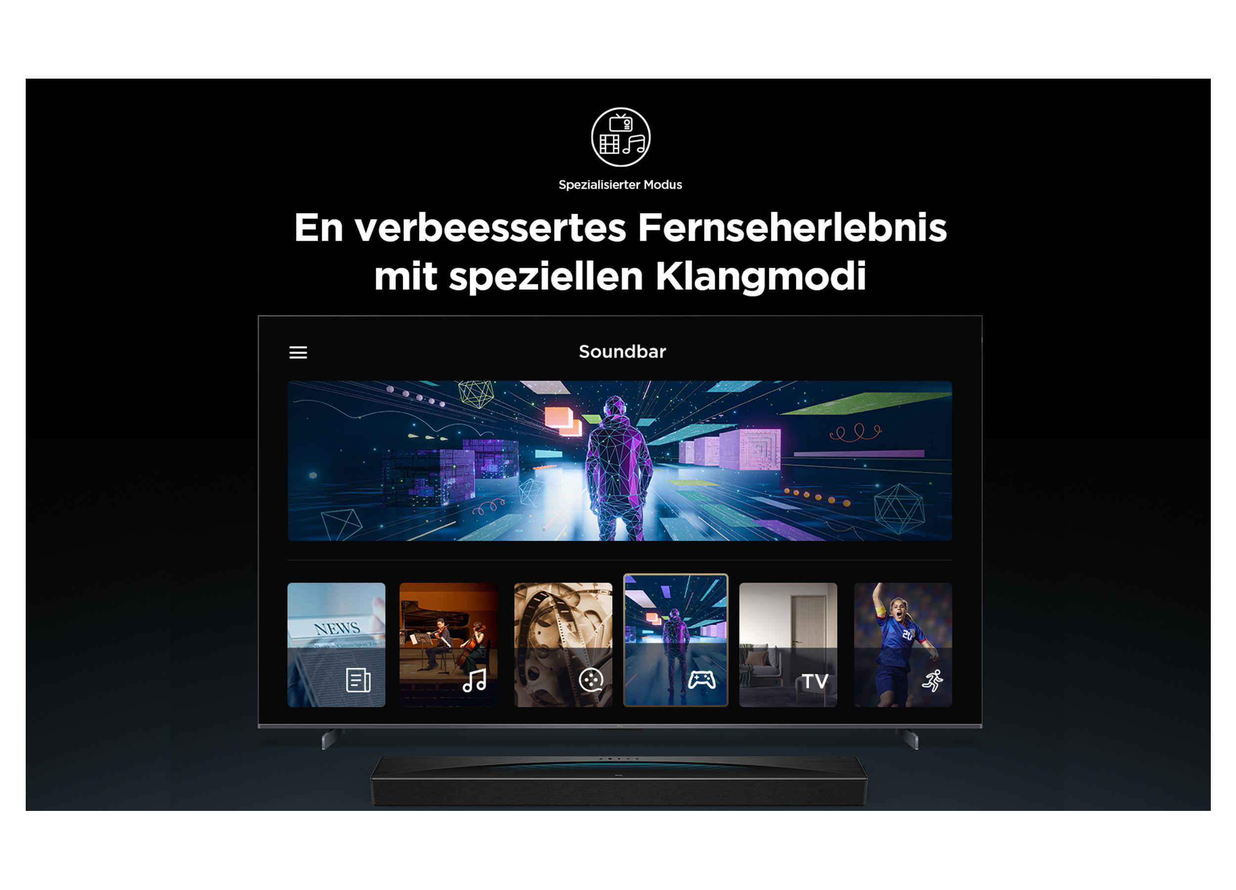 TV-Bildschirm, der ein Menü mit verschiedenen Unterhaltungsoptionen anzeigt. Eine Soundbar befindet sich darunter.