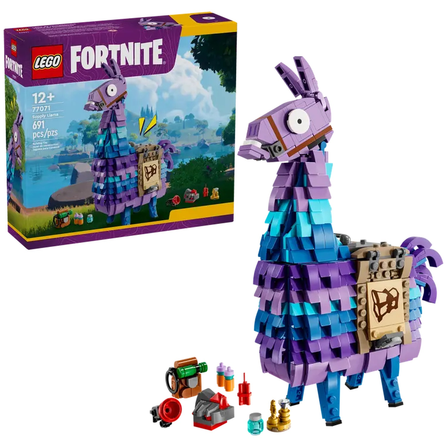 Een Lego Fortnite Supply Llama set. Het bevat een paarse en blauwe lama, een doos en kleine accessoires.