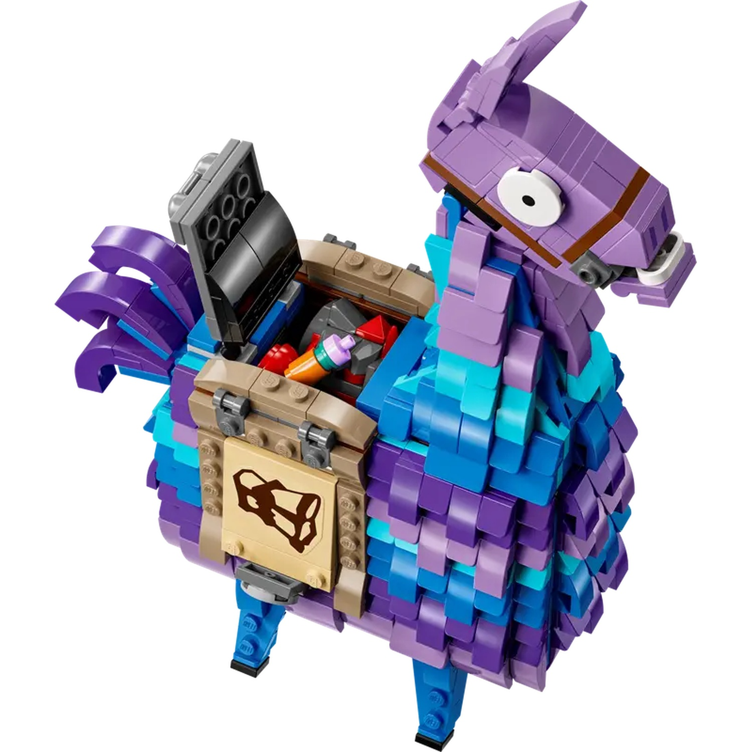 Een Lego lama speelgoed met een paarse kop en blauw lichaam. De rug gaat open en onthult kleurrijke blokken en accessoires.