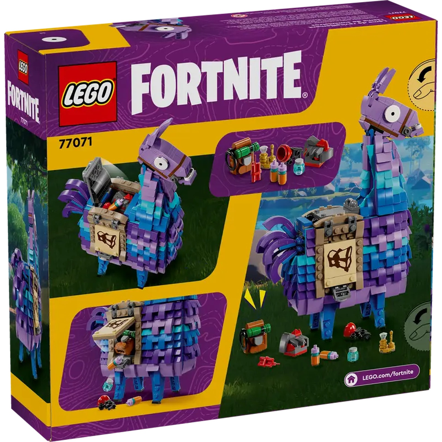 De doos toont een Lego Fortnite-set. Het bevat een lama gemaakt van Lego-stenen in paars, blauw en teal, met accessoires.