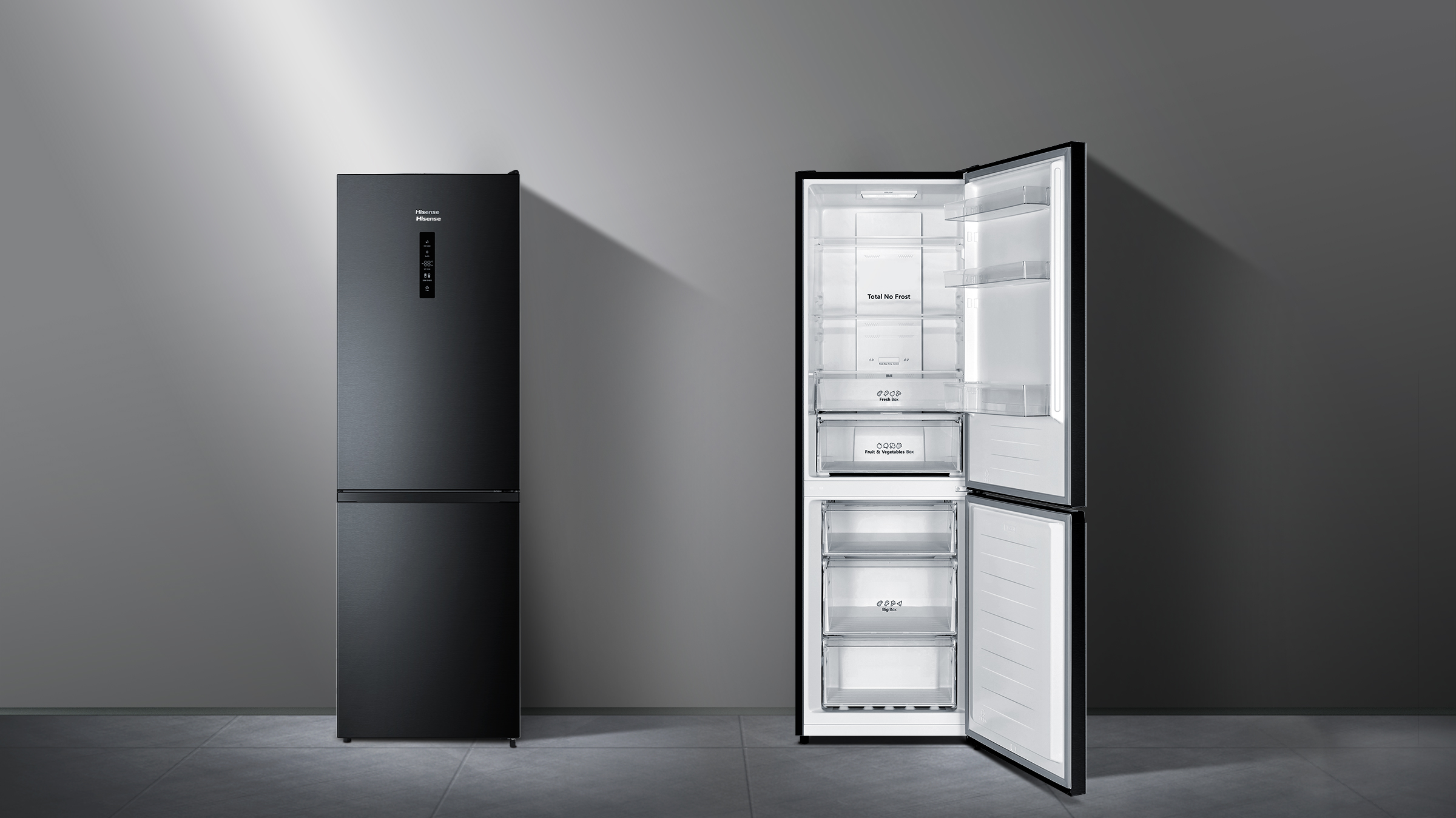 Black Hisense refrigerator, one door closed, one open. Interior is white with shelves and drawers. Gray background.