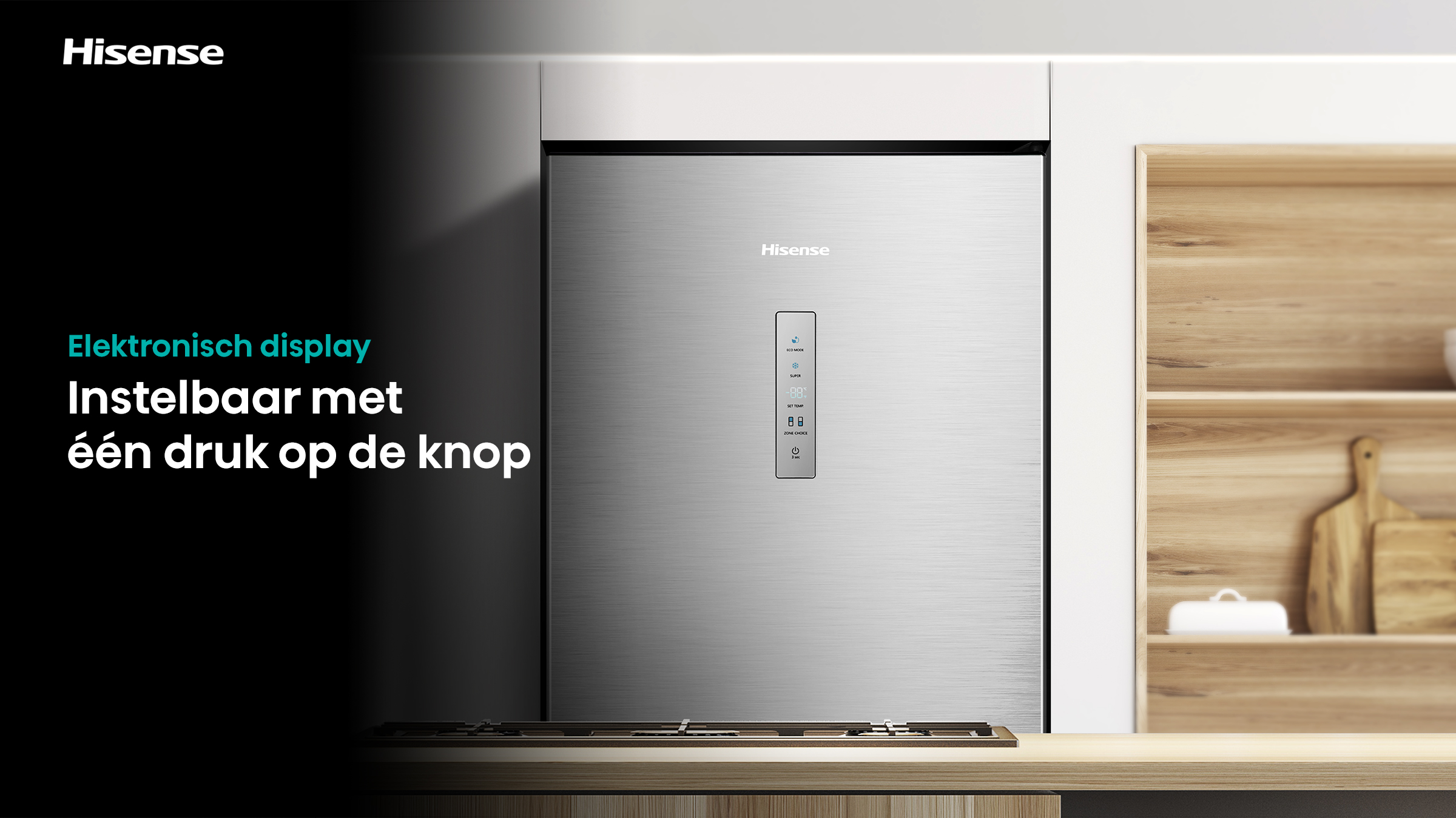 Stainless steel Hisense refrigerator with digital display. Wooden cabinets and countertop are in the background. Text reads 'Elektronisch display'.