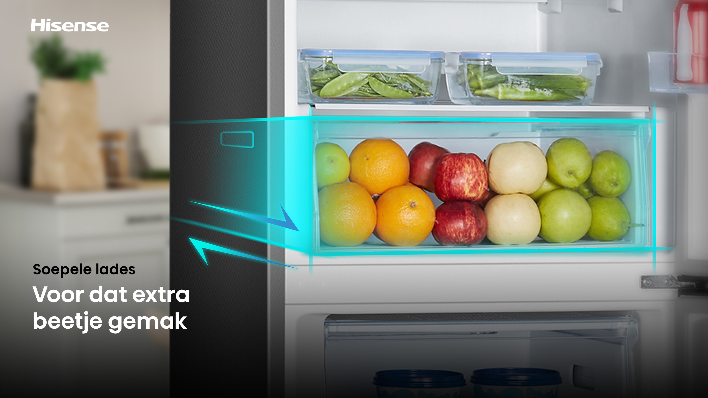 Open fridge with fruits and vegetables. Oranges, apples and pears in drawer. Snap peas and cucumbers in containers.