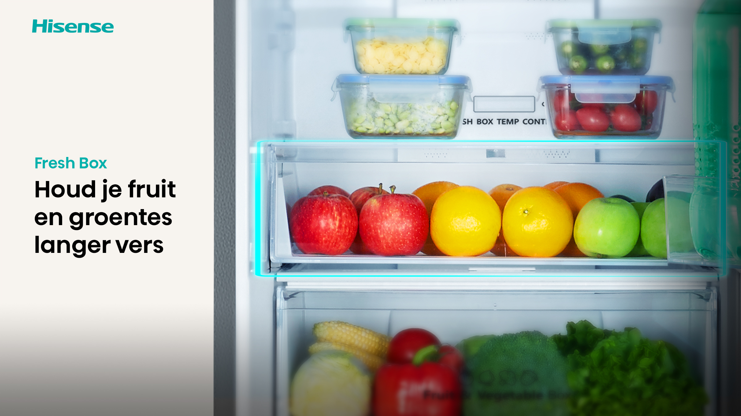 Open fridge with fruits and vegetables. Apples, oranges, and greens are visible. Containers with food are on top shelves.