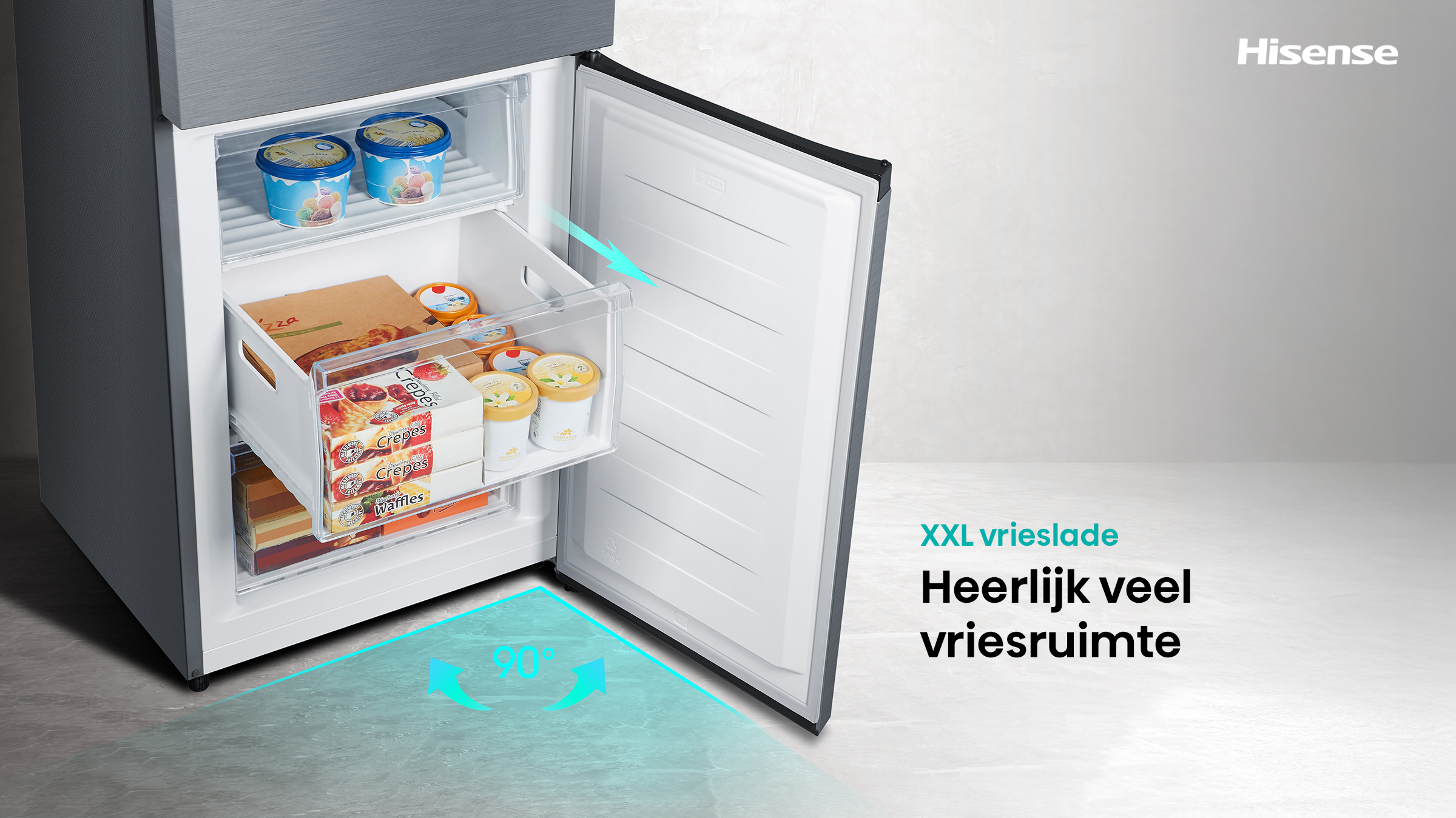 Open freezer with products inside. Ice cream, crepes, and waffles are visible. The door is open at a 90-degree angle.