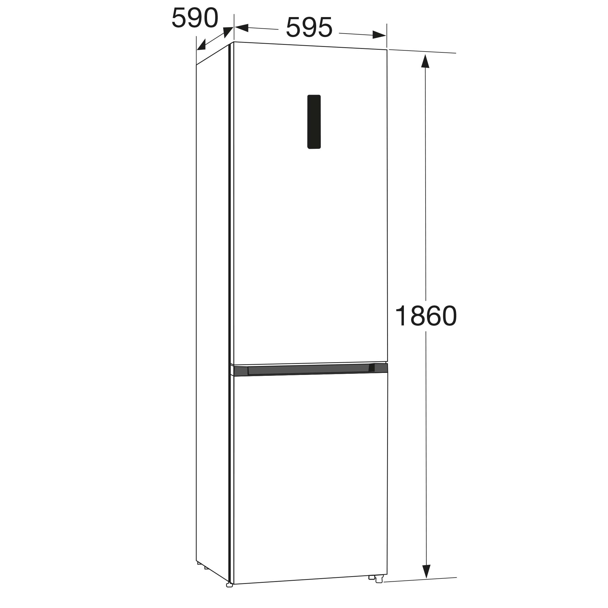 A white refrigerator with dimensions labeled: 590x595x1860. It has a black handle and a black vertical line on the door.