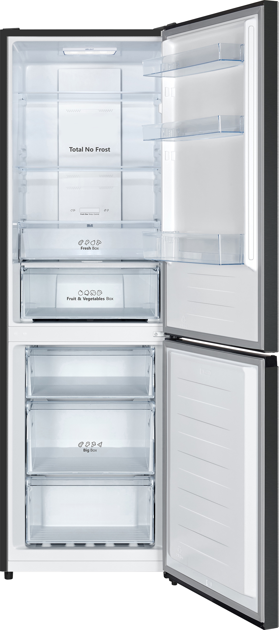 Open refrigerator interior shows shelves, drawers, and labels: Total No Frost, Fresh Box, Fruit & Vegetables Box, and Big Box.