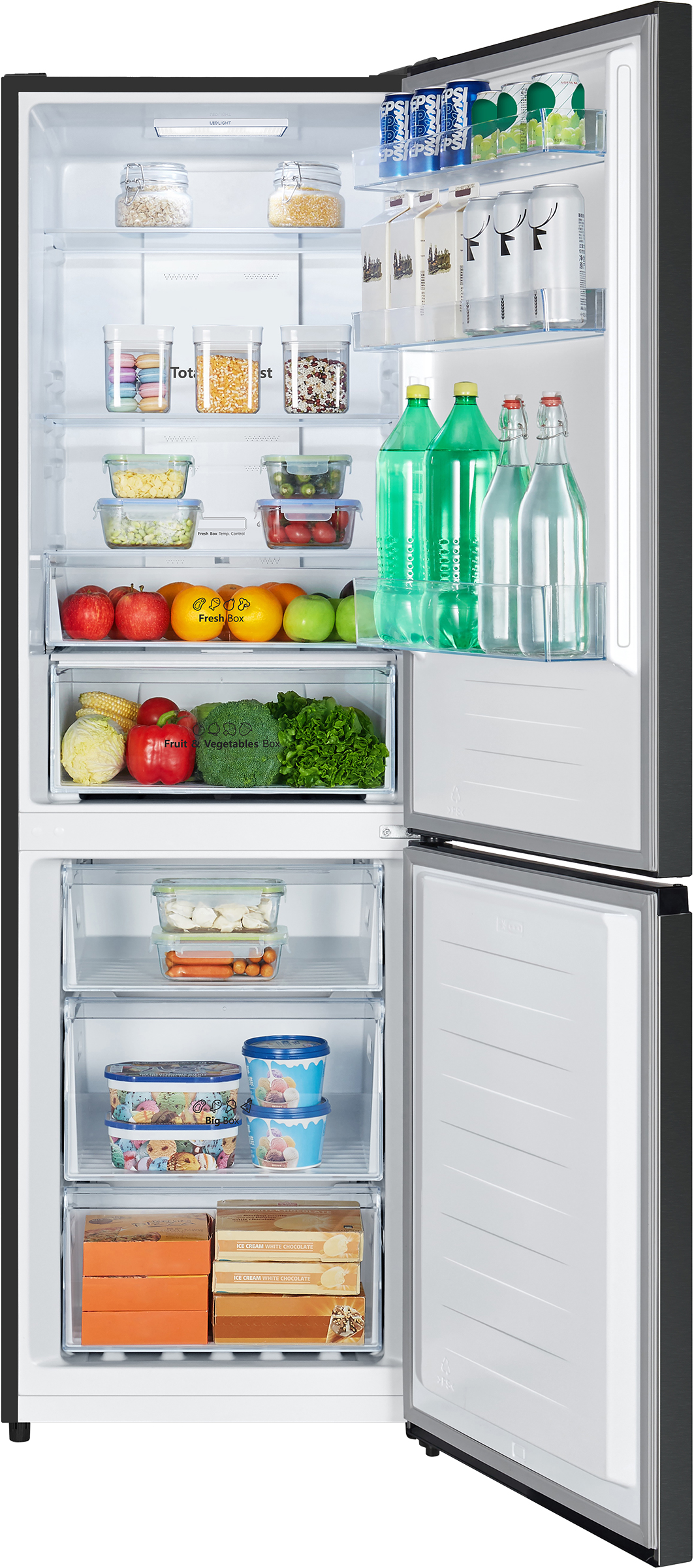 Open refrigerator filled with food: fruits, vegetables, drinks, and frozen items. The door is open, showing multiple shelves.