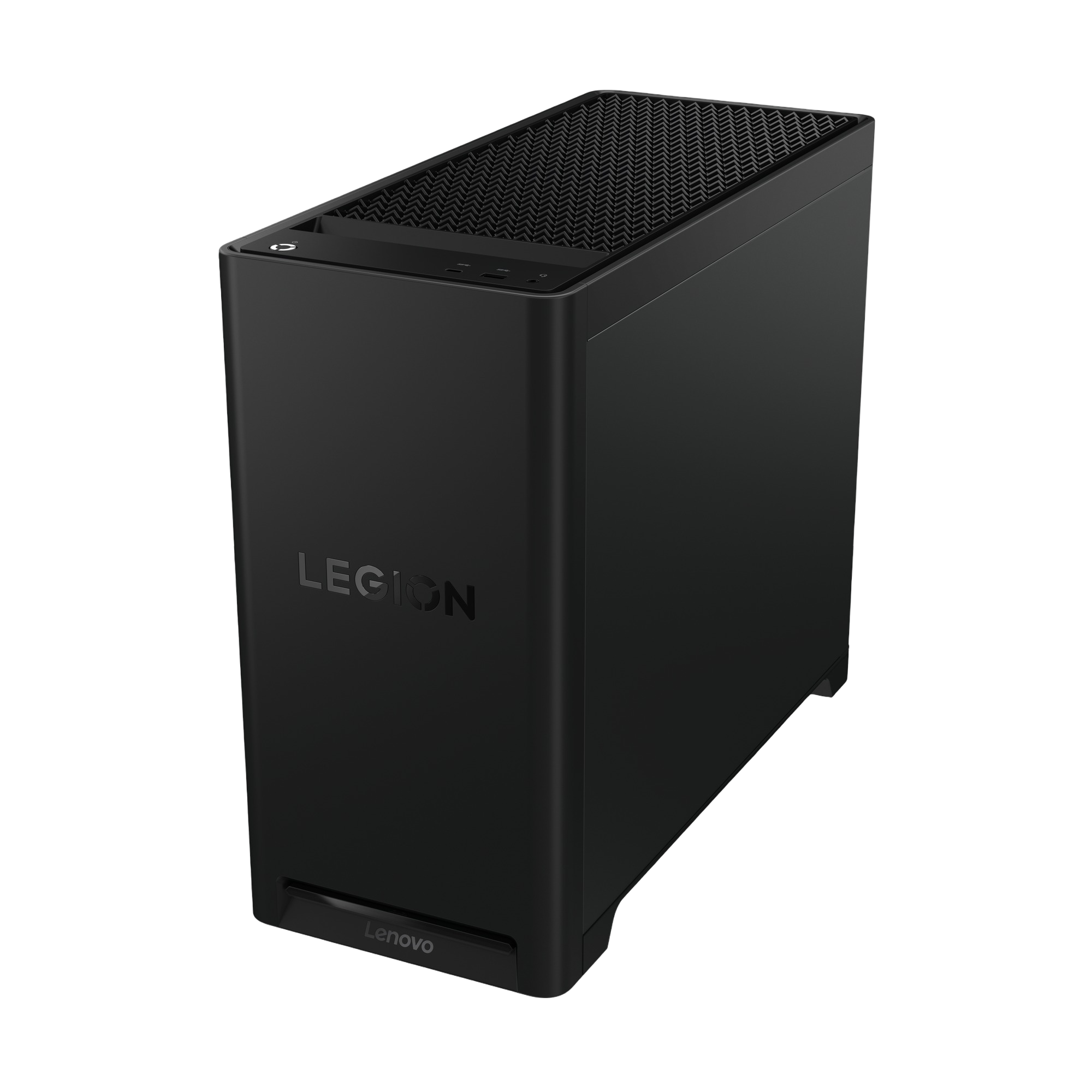 Schwarzer Lenovo Legion Desktop-Computer. Rechteckiger Turm mit Legion-Logo. Oberseite hat ein gemustertes Belüftungsgitter. Lenovo-Logo unten.