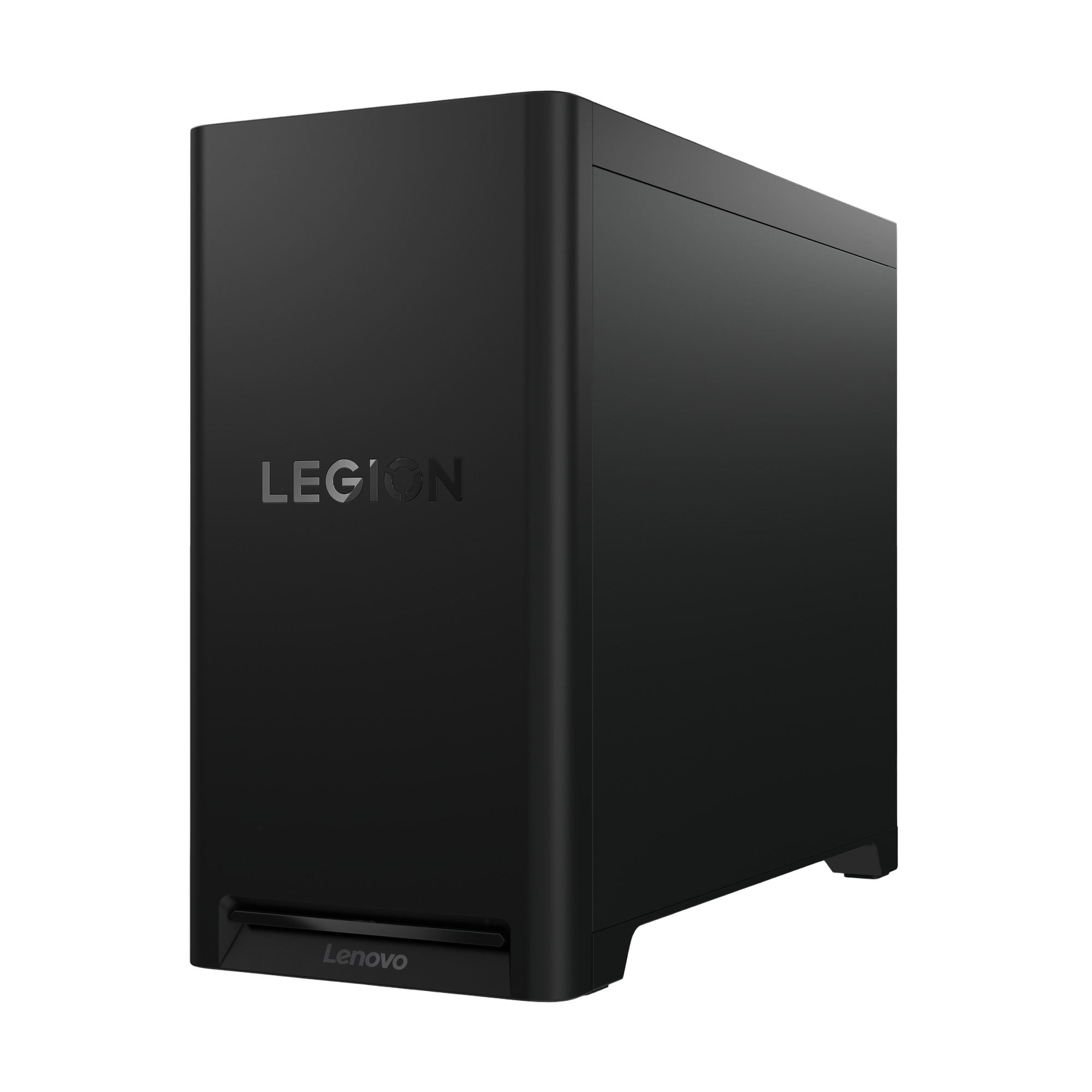 Schwarzer Lenovo Legion Desktop-Computer. Er hat das Wort LEGION und das Lenovo-Logo. Weißer Hintergrund.