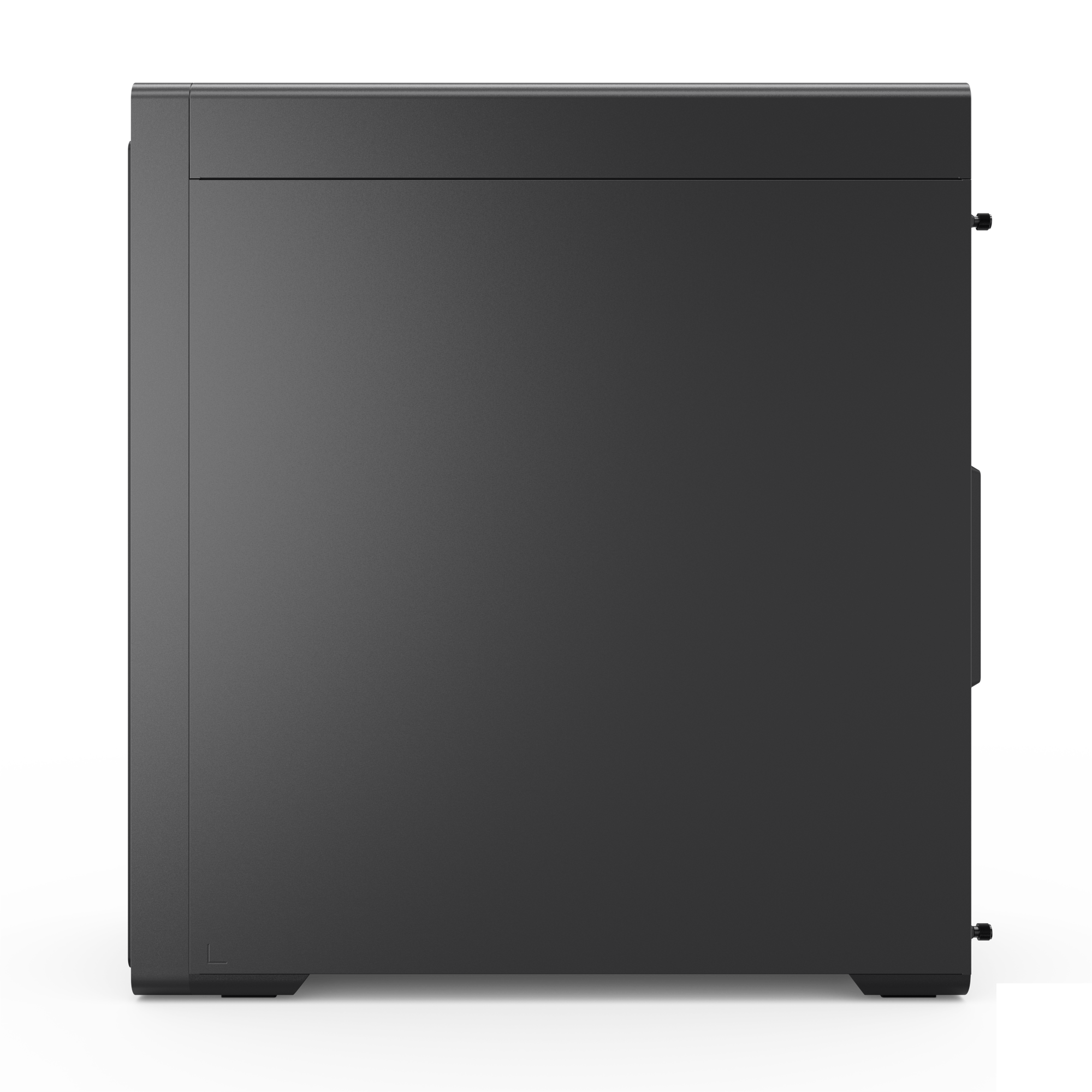 Ein dunkelgraues Computergehäuse ist vor einem schwarzen Hintergrund zentriert. Das Gehäuse hat eine rechteckige Form mit Griff.