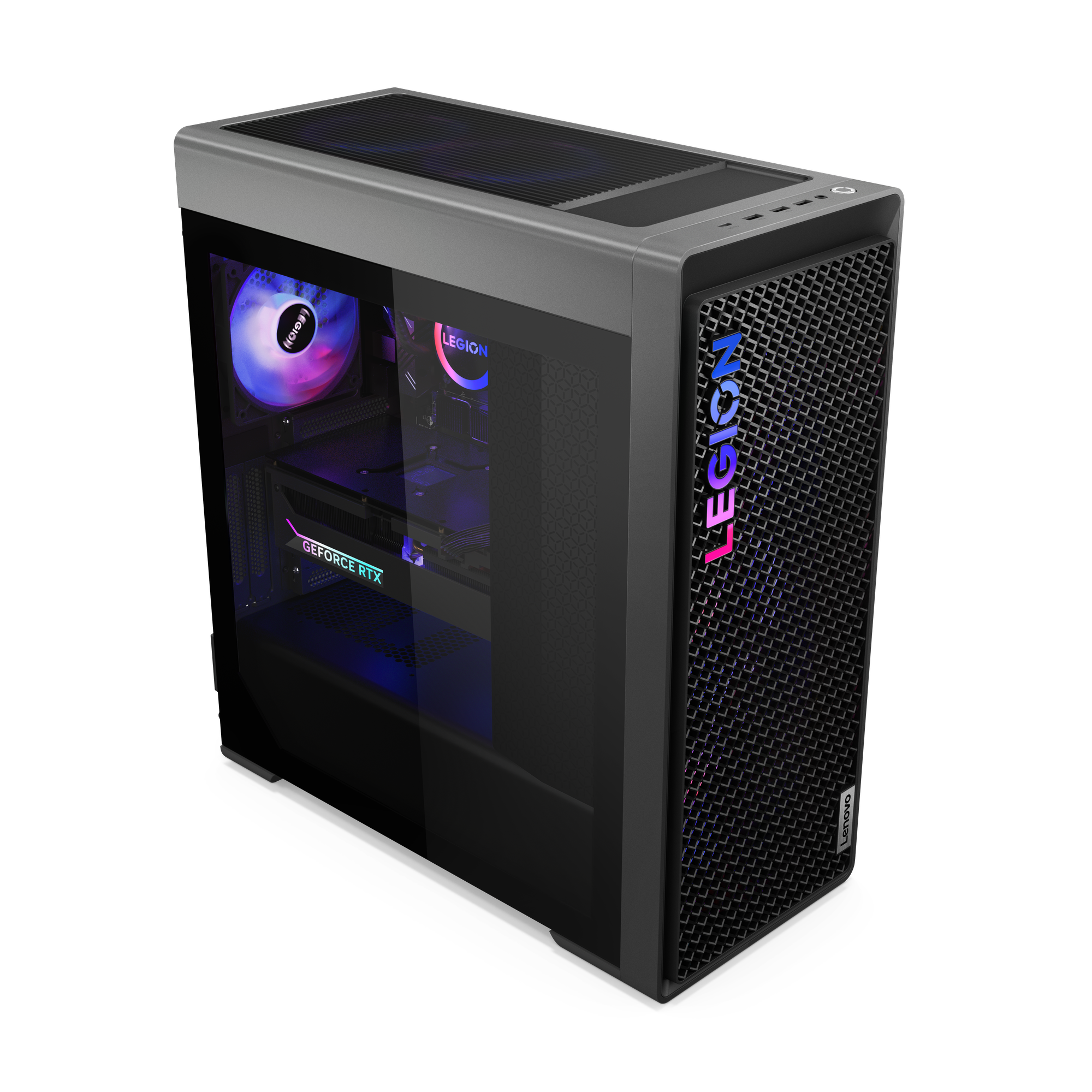 Ein Lenovo Legion Desktop-Computer. Er hat eine Glas-Seitenwand, mit beleuchtetem Legion-Logo auf der Vorderseite.