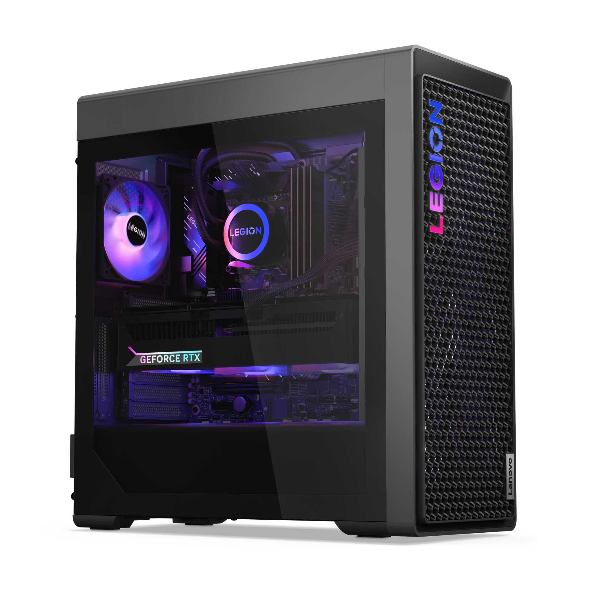 Ein schwarzes Legion-PC-Gehäuse mit Glasseiten, das interne Komponenten zeigt. Legion- und GeForce RTX-Logos sind sichtbar.