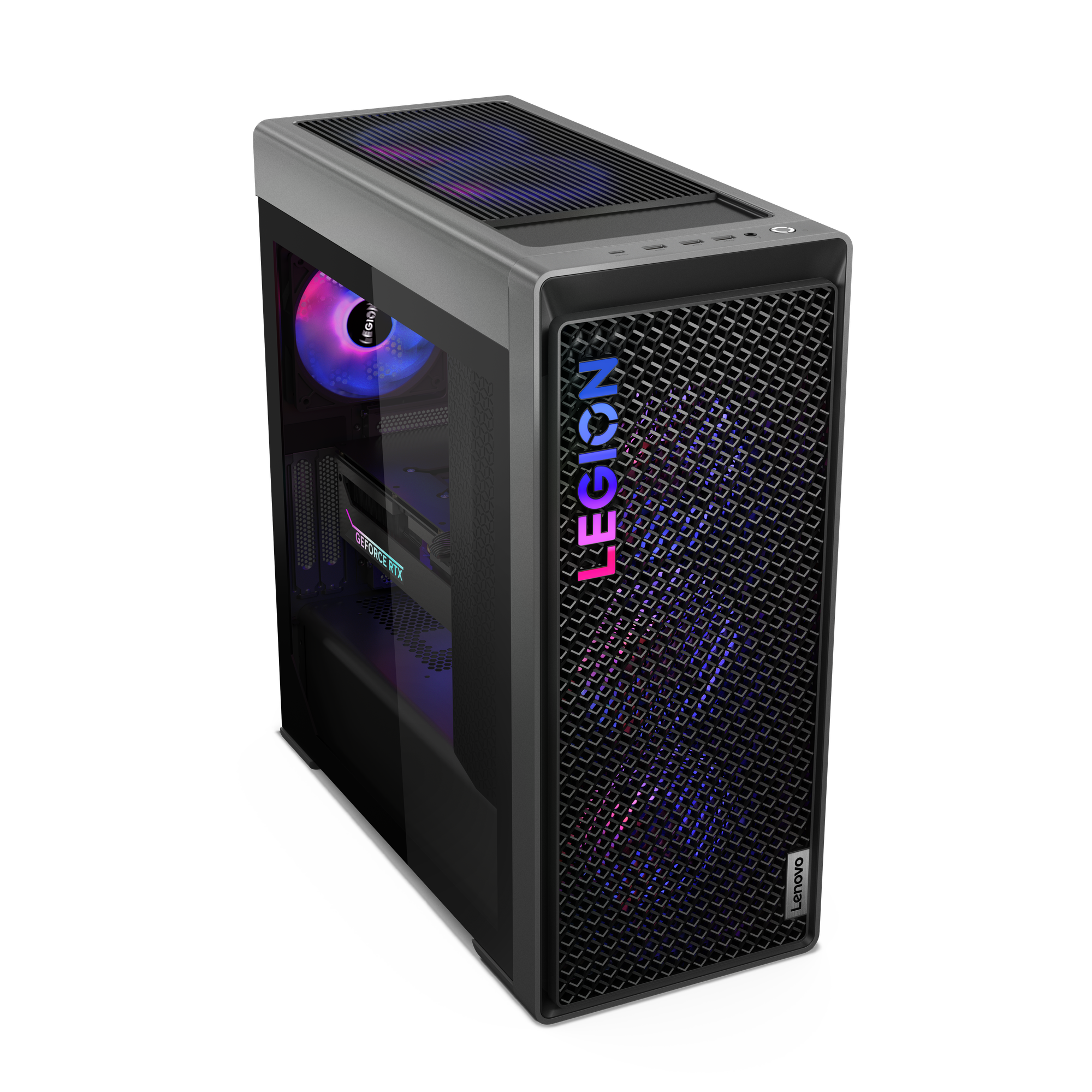 Schwarzes Lenovo Legion PC-Gehäuse. Es hat eine Mesh-Frontplatte, eine Glasseite und interne Komponenten mit RGB-Beleuchtung.