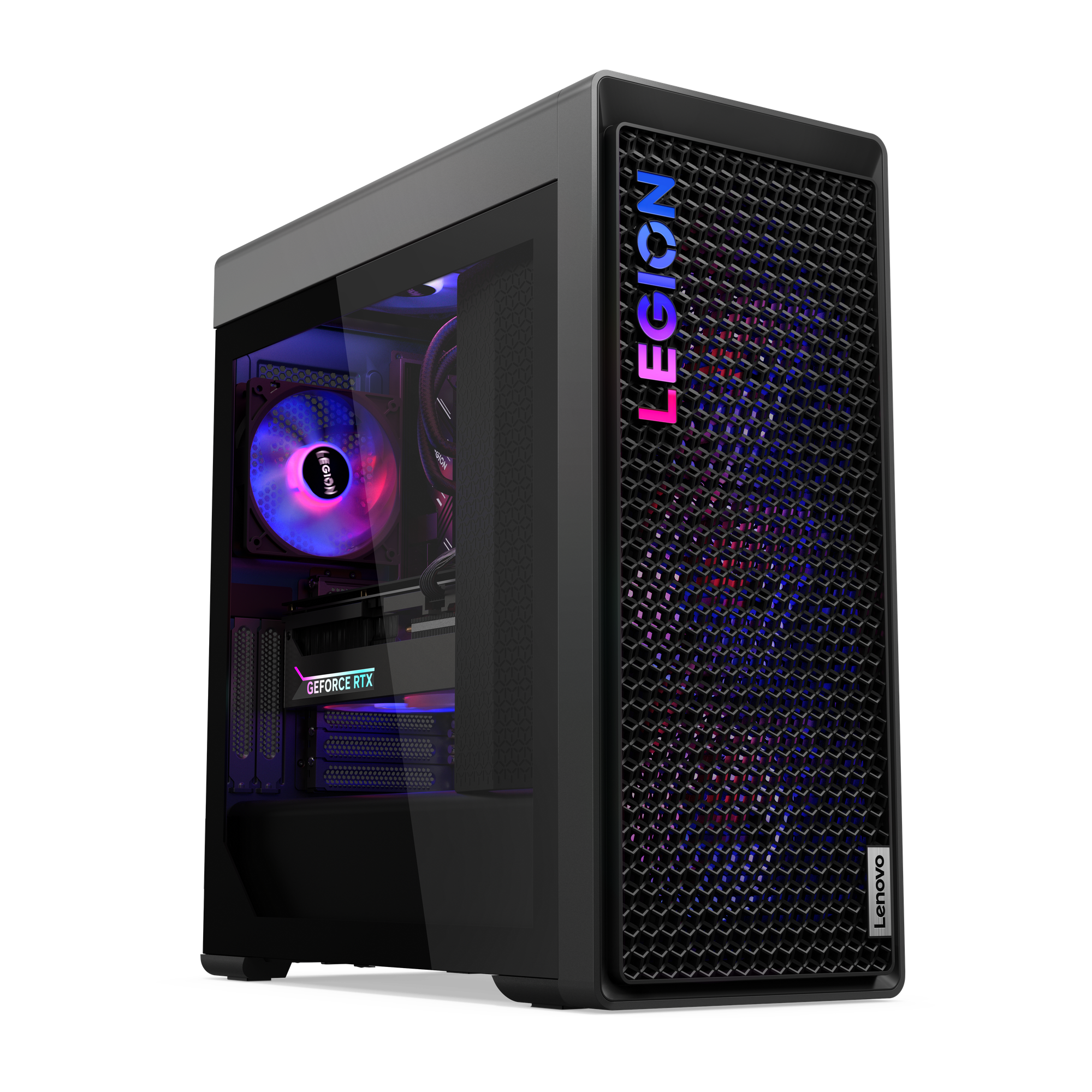 Ein schwarzer Legion-Gaming-PC. Er hat eine Glas-Seitenwand mit einem bunten LED-Lüfter und einer Grafikkarte.