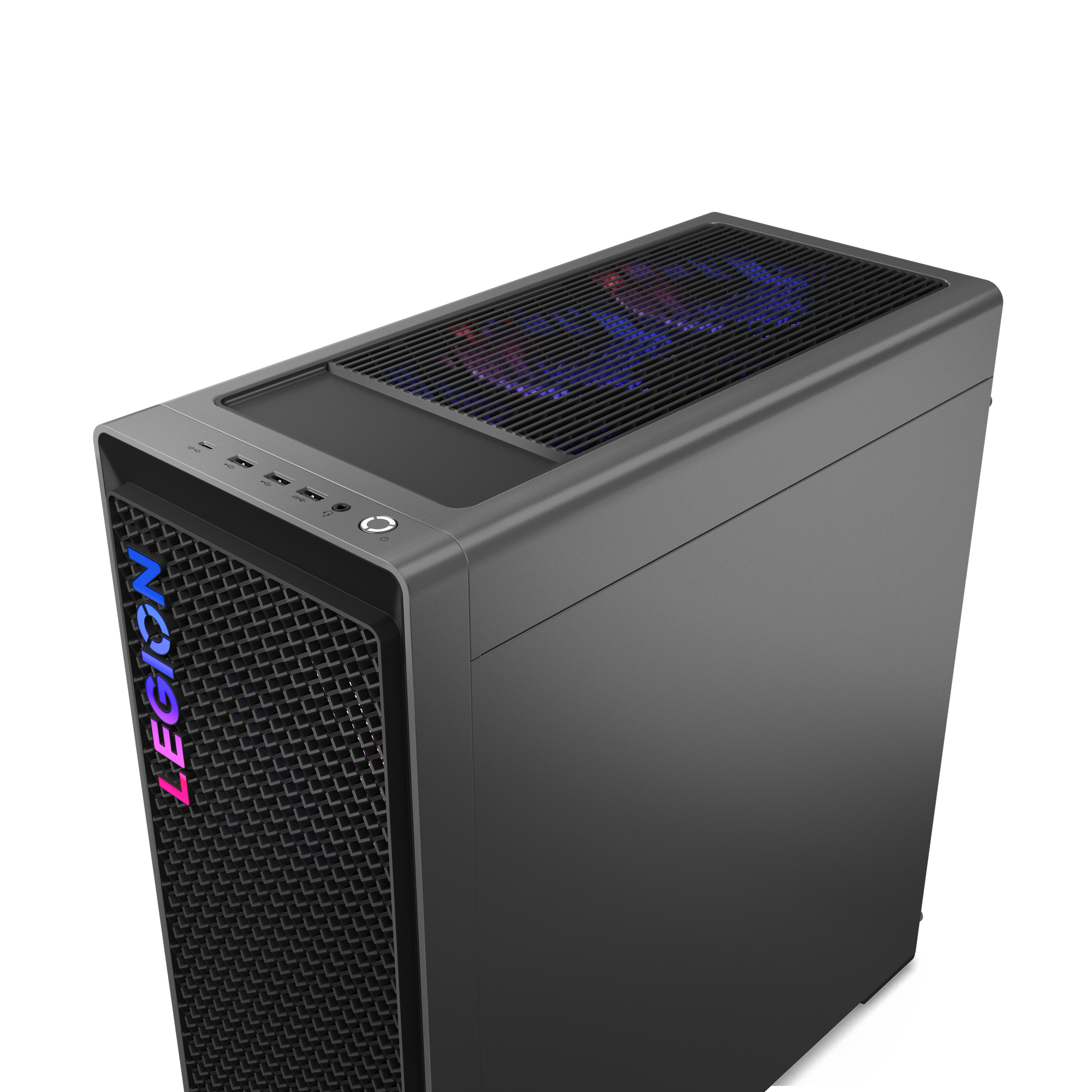 Ein graues Legion-PC-Gehäuse. Die Front hat ein Mesh-Design mit dem Legion-Logo. Die Oberseite hat Lüftungsschlitze und leuchtende Lüfter.