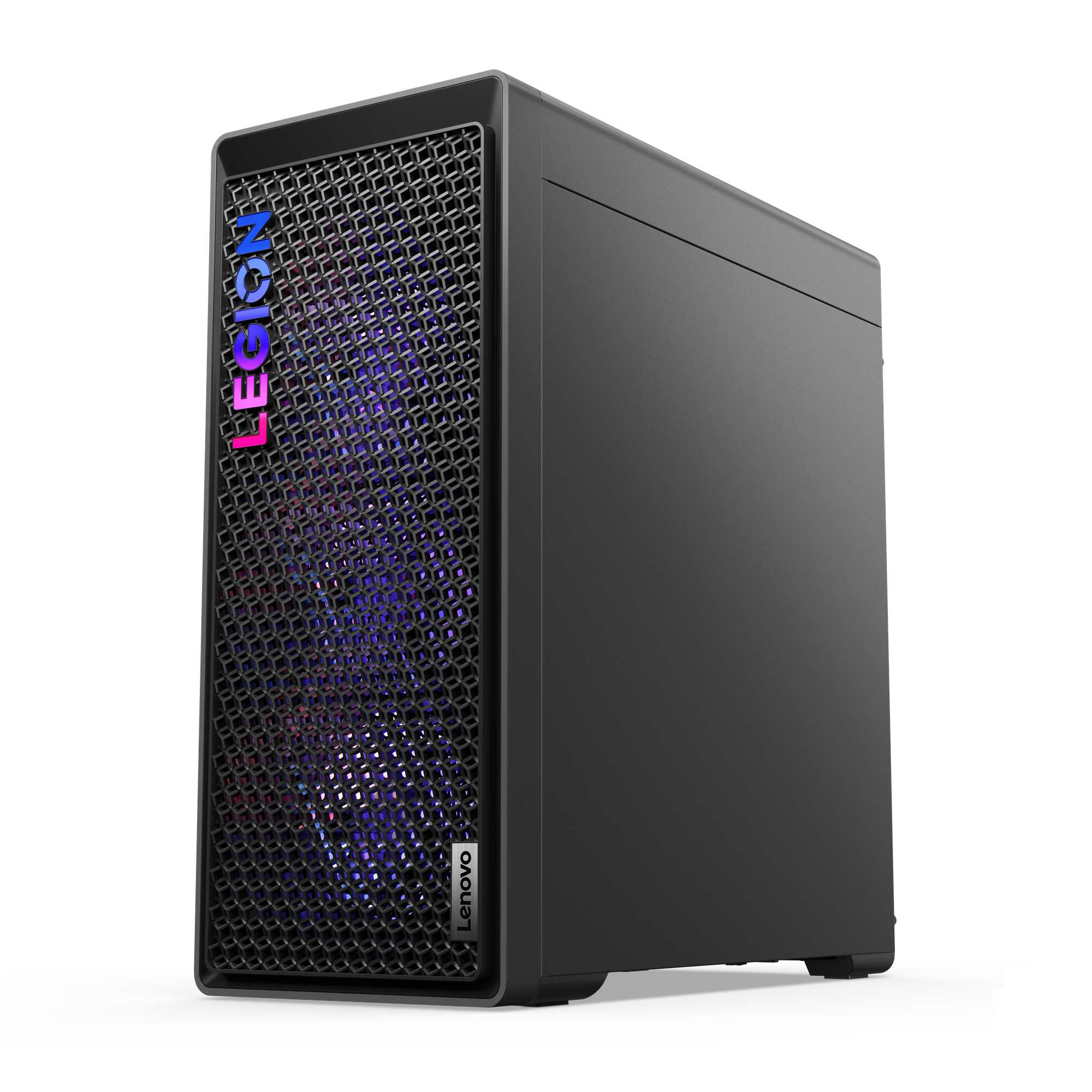 Schwarzer Lenovo Legion Desktop-Computer mit Mesh-Frontplatte, leuchtendem Legion-Logo und schwarzem Hintergrund.