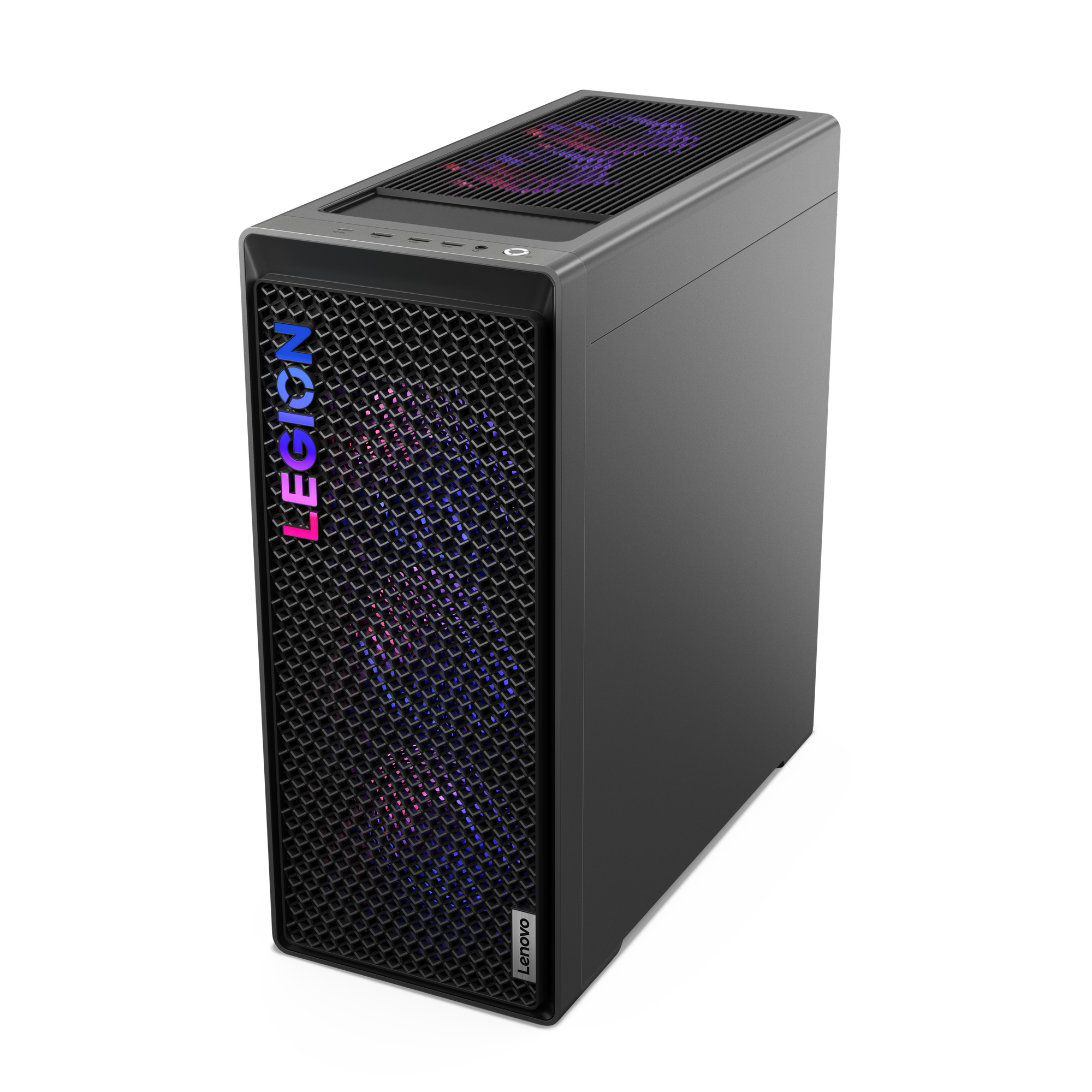 Ein schwarzes Lenovo Legion Computergehäuse mit Mesh-Front. Das Legion-Logo ist sichtbar. Die Oberseite hat einen Lüfter mit RGB-Beleuchtung.