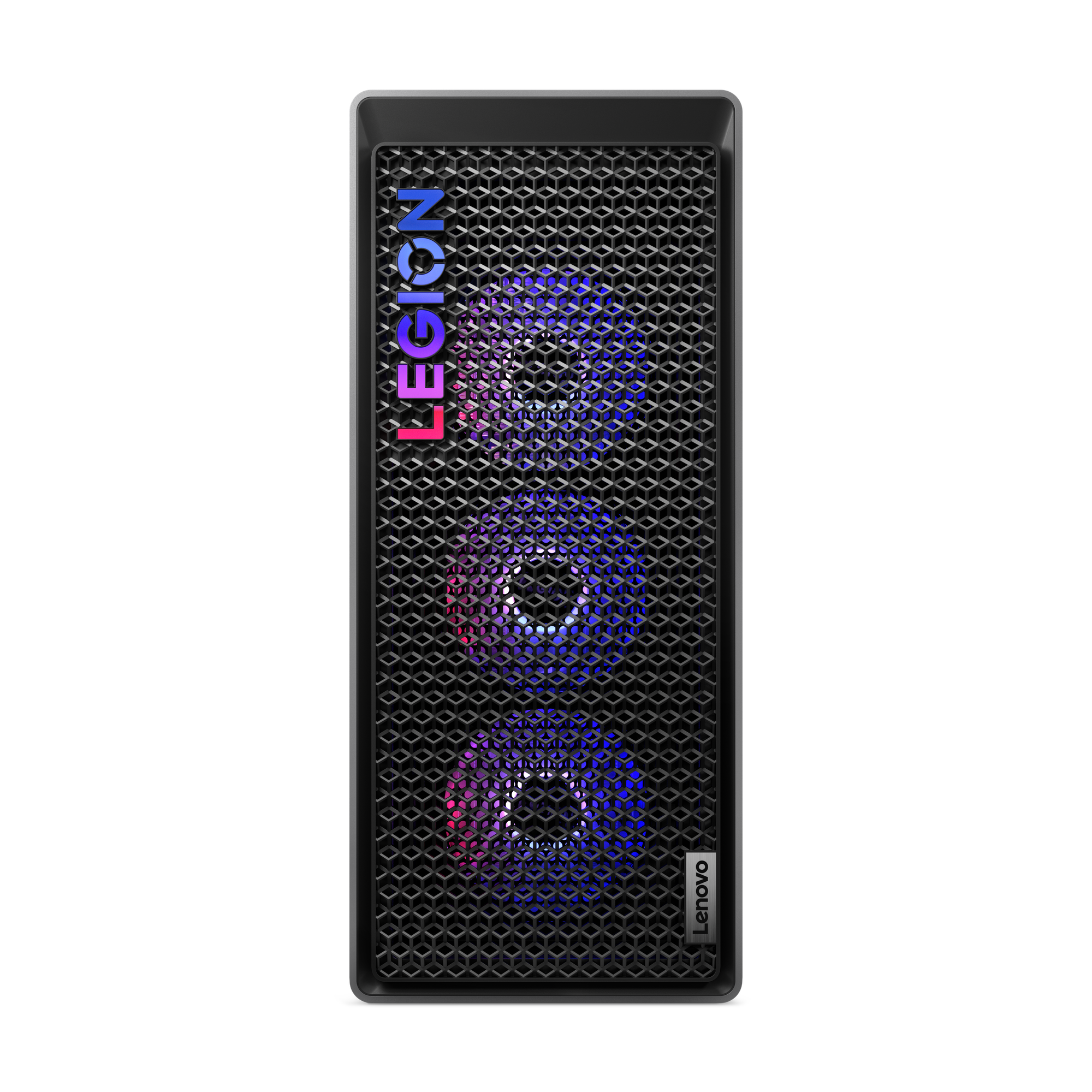 Ein schwarzes Legion-PC-Gehäuse. Es hat eine Mesh-Front mit beleuchteten Lüftern. Das Lenovo-Logo ist sichtbar.