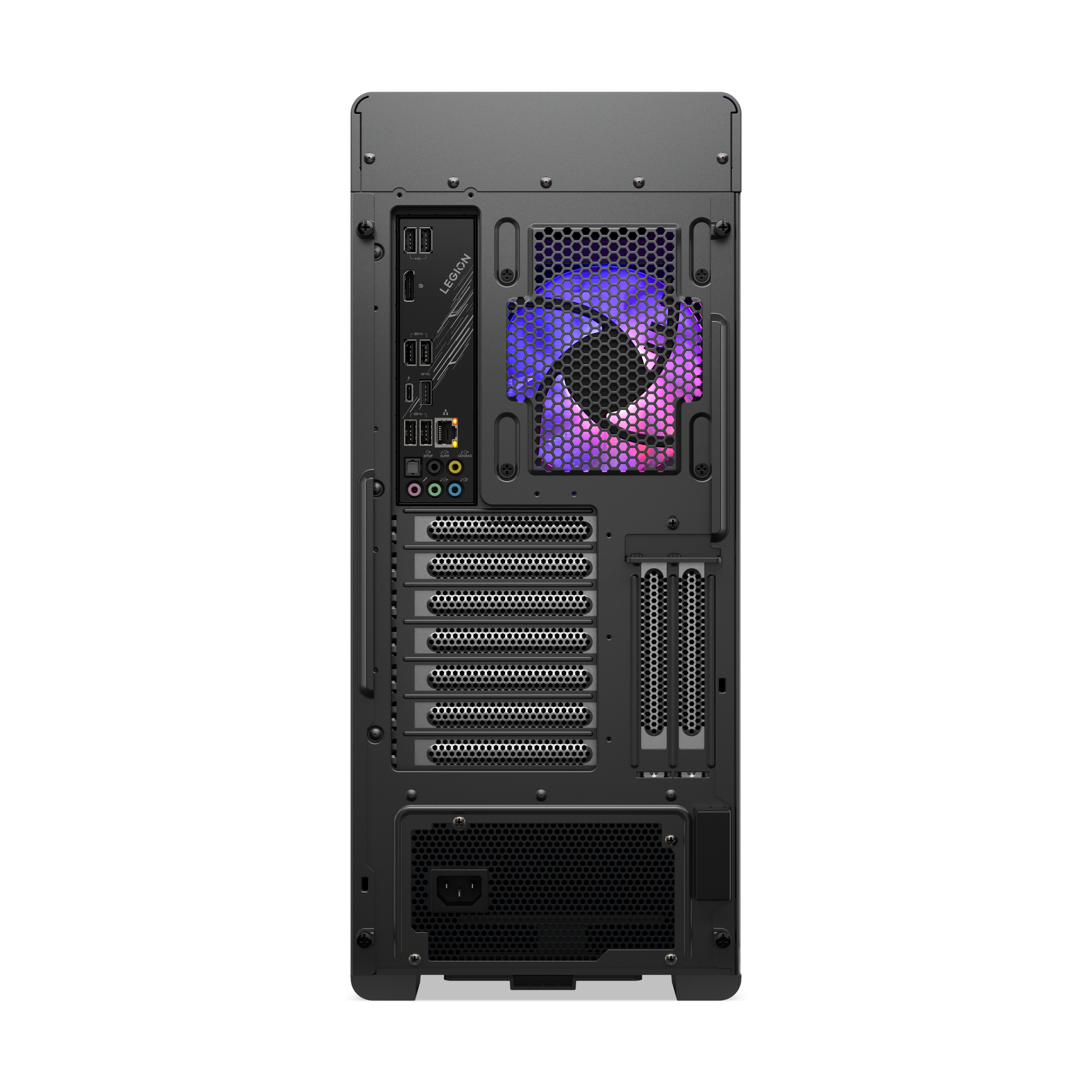Rückseite des schwarzen Computergehäuses. Enthält Lüfter mit blau/lila Lichtern, Anschlüssen und Netzteil.