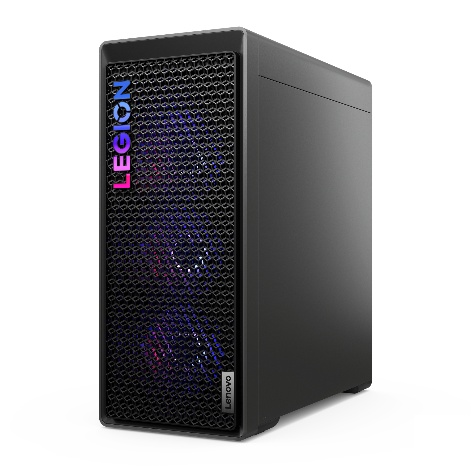 Schwarzer Lenovo Legion Desktop-PC mit Frontgitter, beleuchtet mit blauen und pinkfarbenen Lichtern und Legion-Logo.