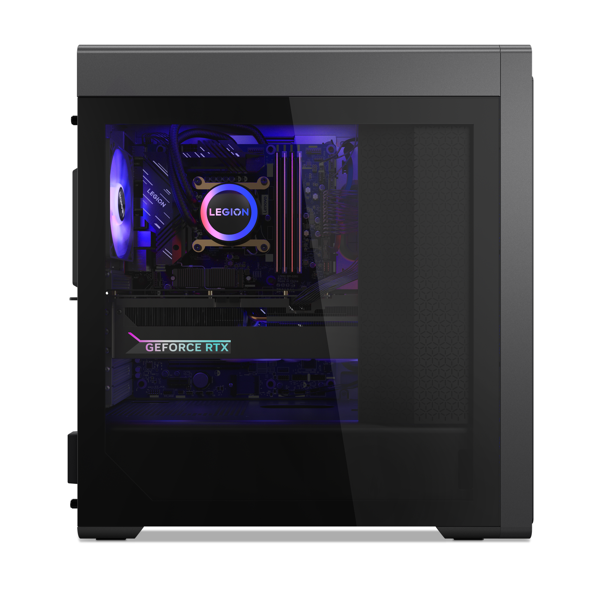 Ein Computergehäuse ist geöffnet und zeigt Komponenten wie eine GPU und einen CPU-Kühler. Das Gehäuse hat eine Glas-Seitenwand.