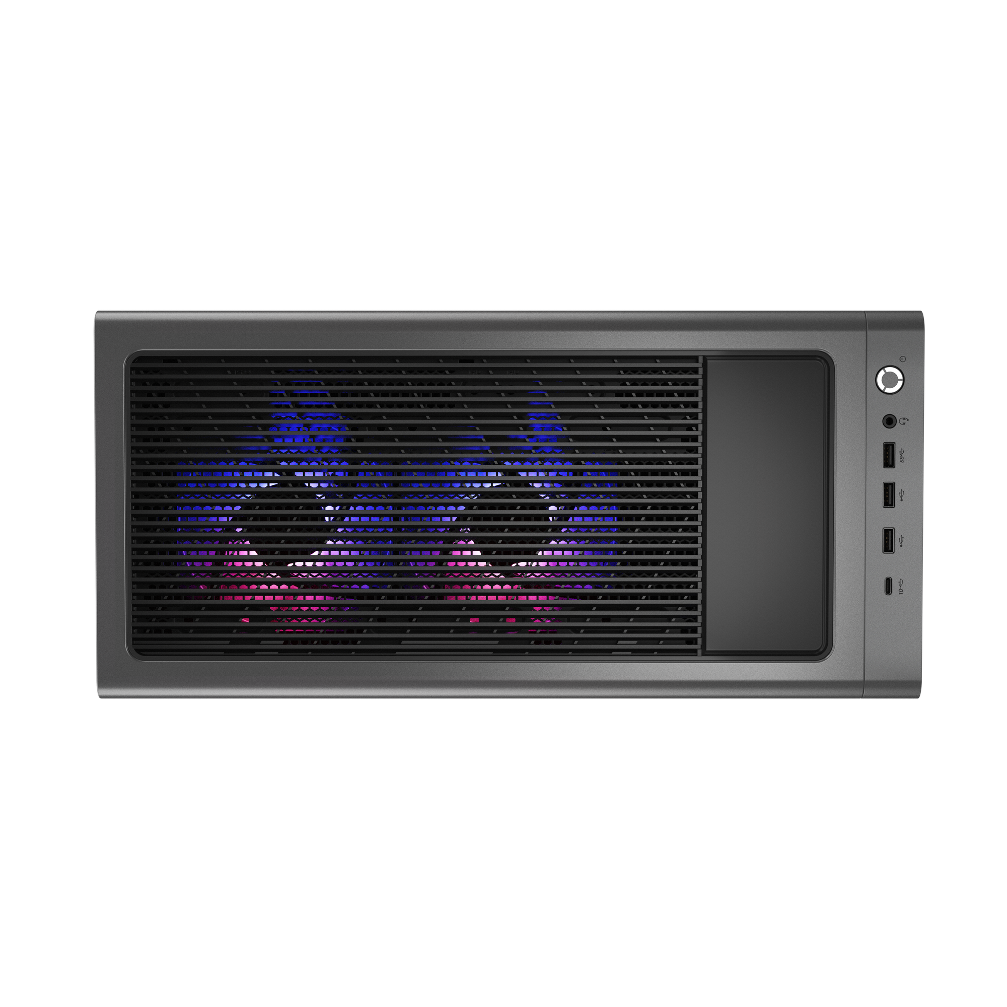 Graues Computergehäuse mit Frontlüftern, beleuchtet mit blauen und rosa Lichtern, vor schwarzem Hintergrund.