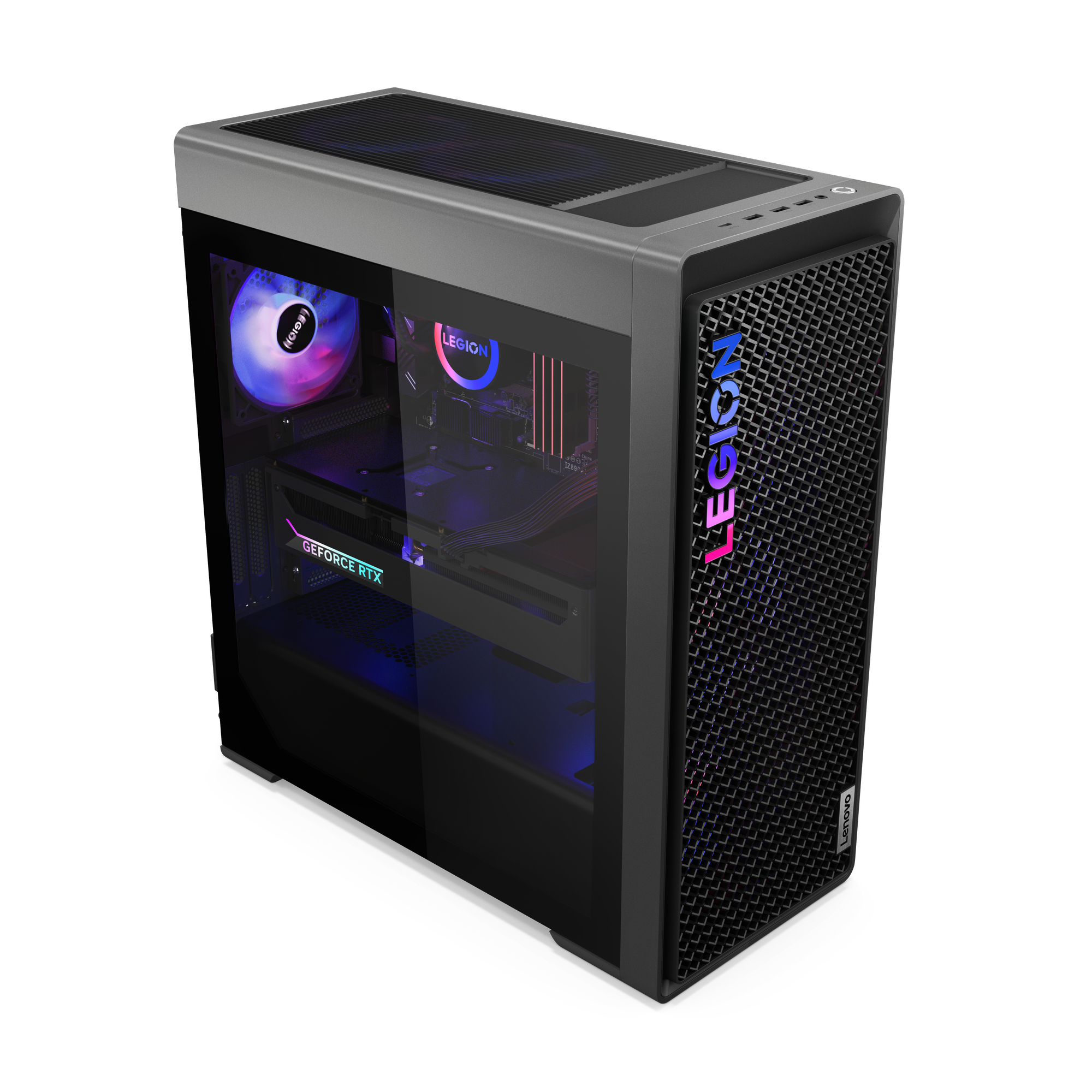 Ein Lenovo Legion Desktop-Computer. Er hat eine Glas-Seitenwand. Das Gehäuse ist grau und schwarz mit RGB-Beleuchtung.