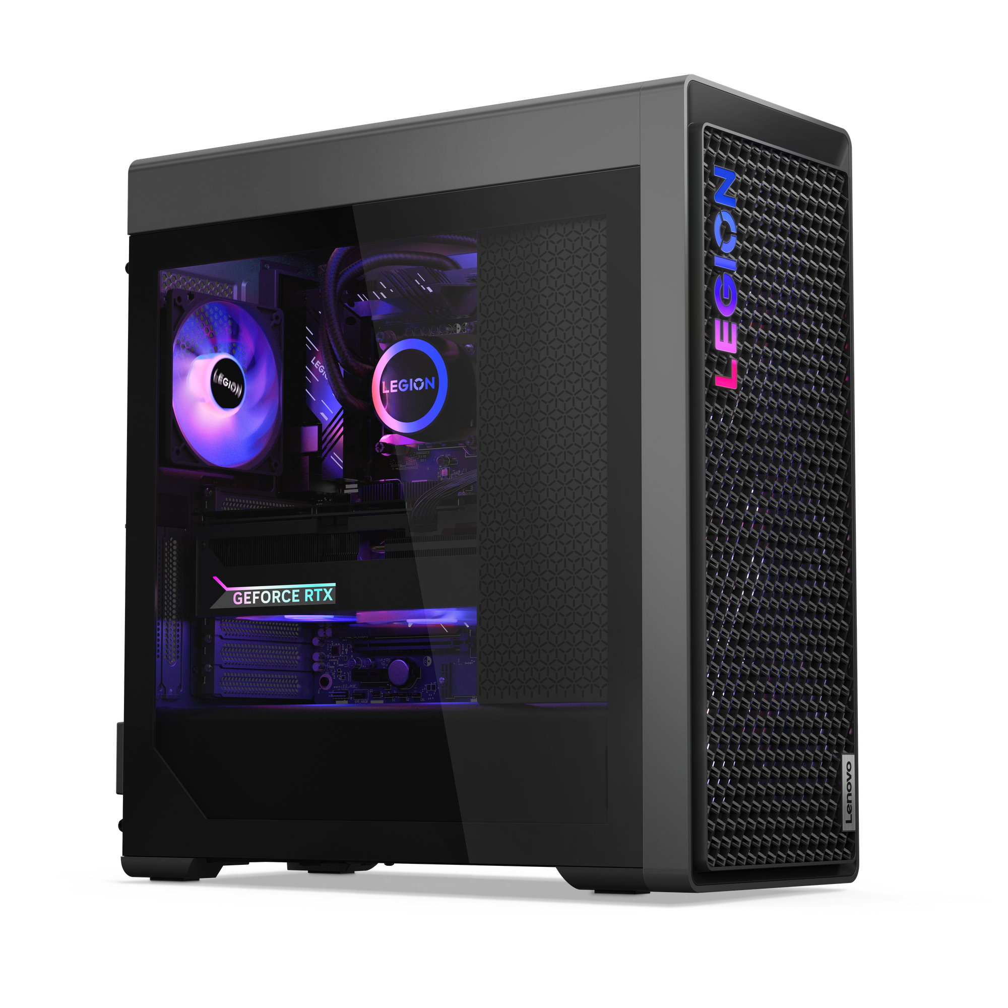 Ein schwarzes Legion PC-Gehäuse mit Glas-Seitenwand. Innen befinden sich Lüfter, eine Grafikkarte und das Legion-Logo, beleuchtet.