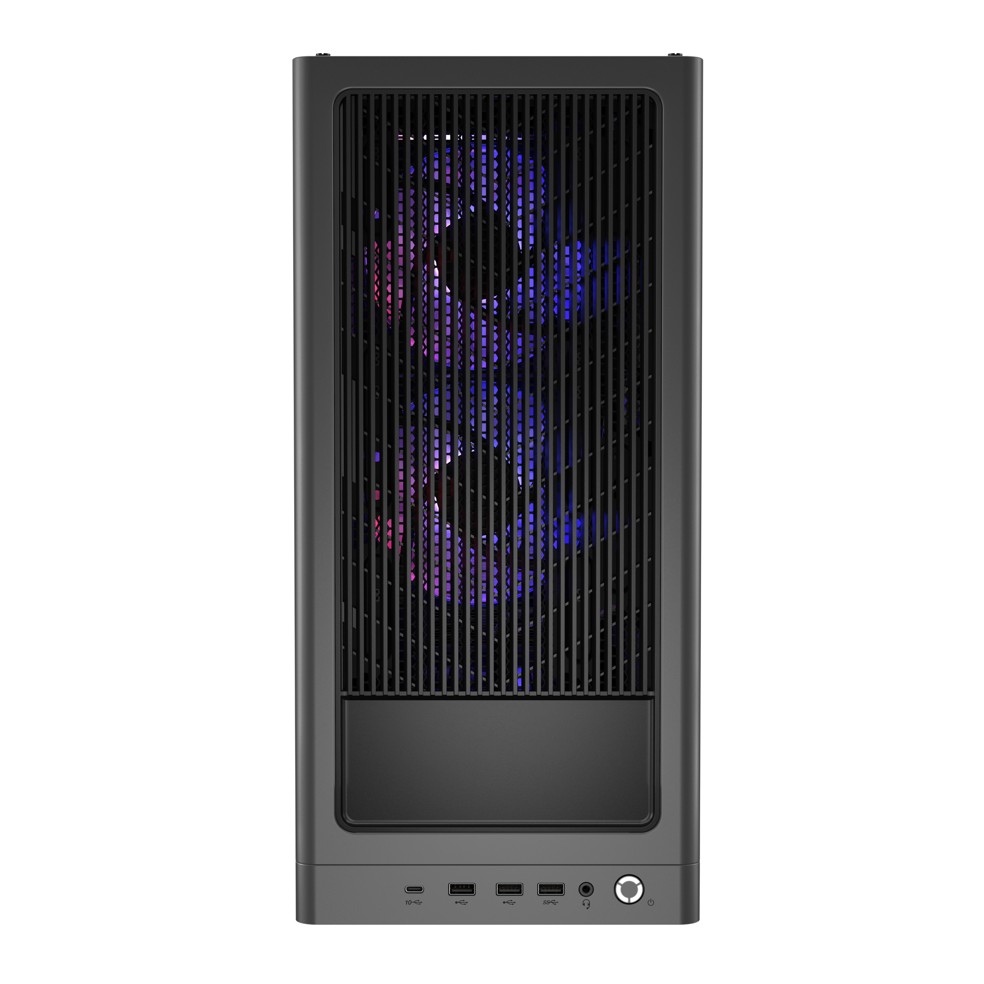 Ein schwarzes Computergehäuse mit einem Gitter vorne. Innen leuchten RGB-Lüfter rosa und blau. Anschlüsse unten.
