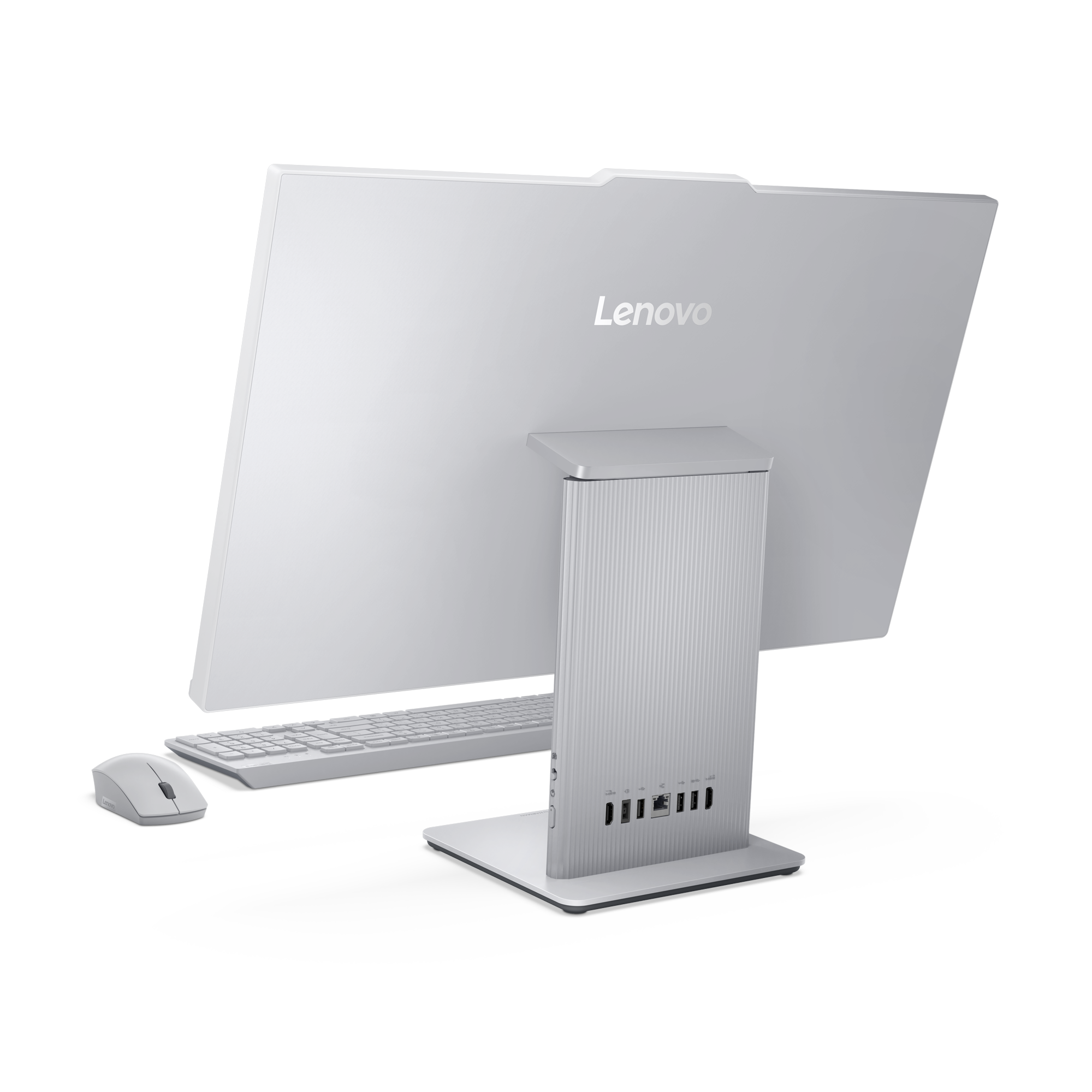 Ein weißer Lenovo-All-in-One-Computer. Tastatur, Maus und die Rückseite des Bildschirms sind sichtbar. Lenovo-Logo auf dem Bildschirm.