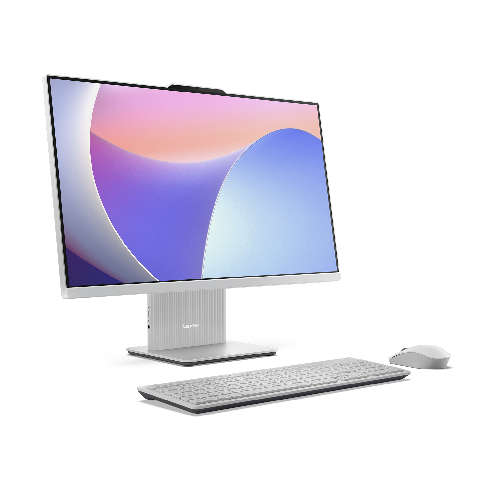 Weißer Lenovo-All-in-One-Computer mit Tastatur und Maus. Der Bildschirm zeigt einen bunten Hintergrund.