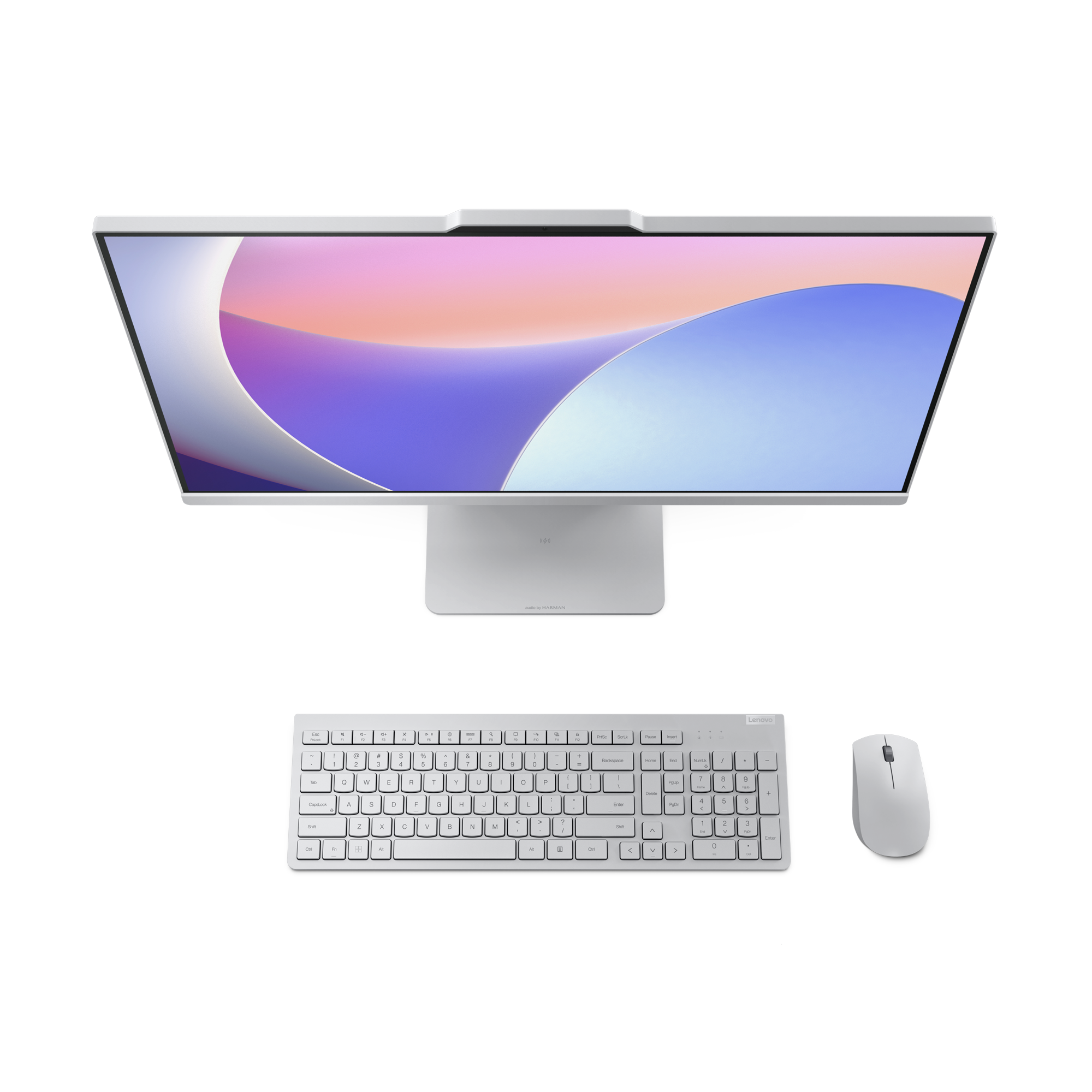 Draufsicht auf ein Computer-Setup mit einem Monitor, der einen bunten Hintergrund, Tastatur und Maus auf grauer Oberfläche zeigt.